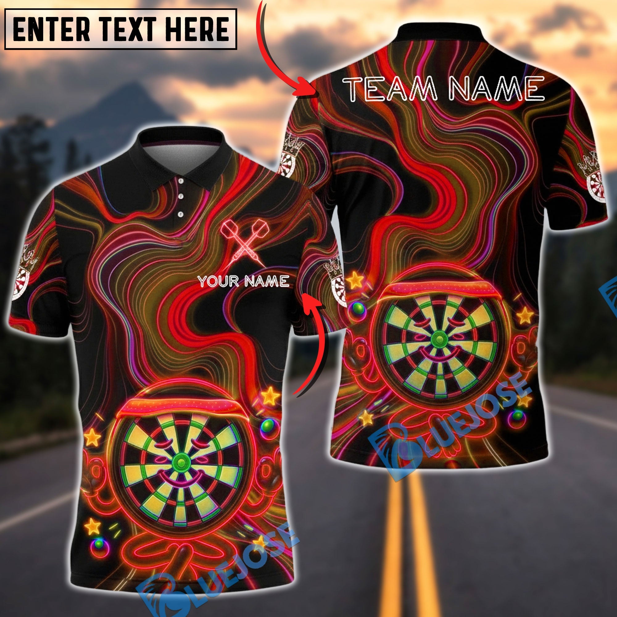 BlueJose Darts Neon Happy Dartboard Character Star Glow Multicolor Options Personalized Name Shirt (4 Colors)