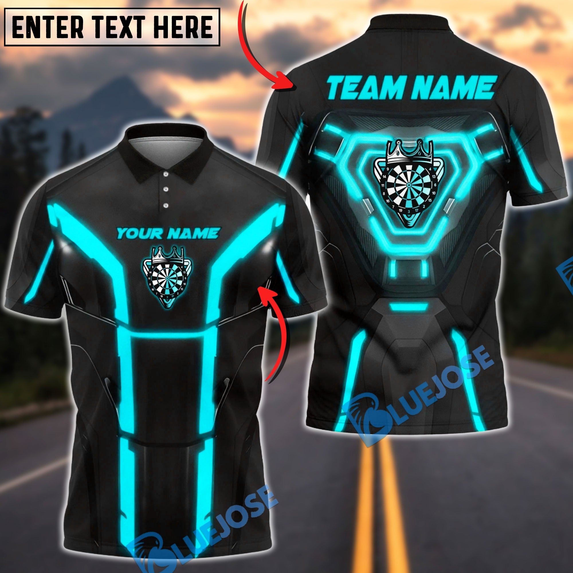 BlueJose Darts Cyber Dartboard Armor Neon Panels Personalized Name, Team Name Unisex Shirt (6 Colors)