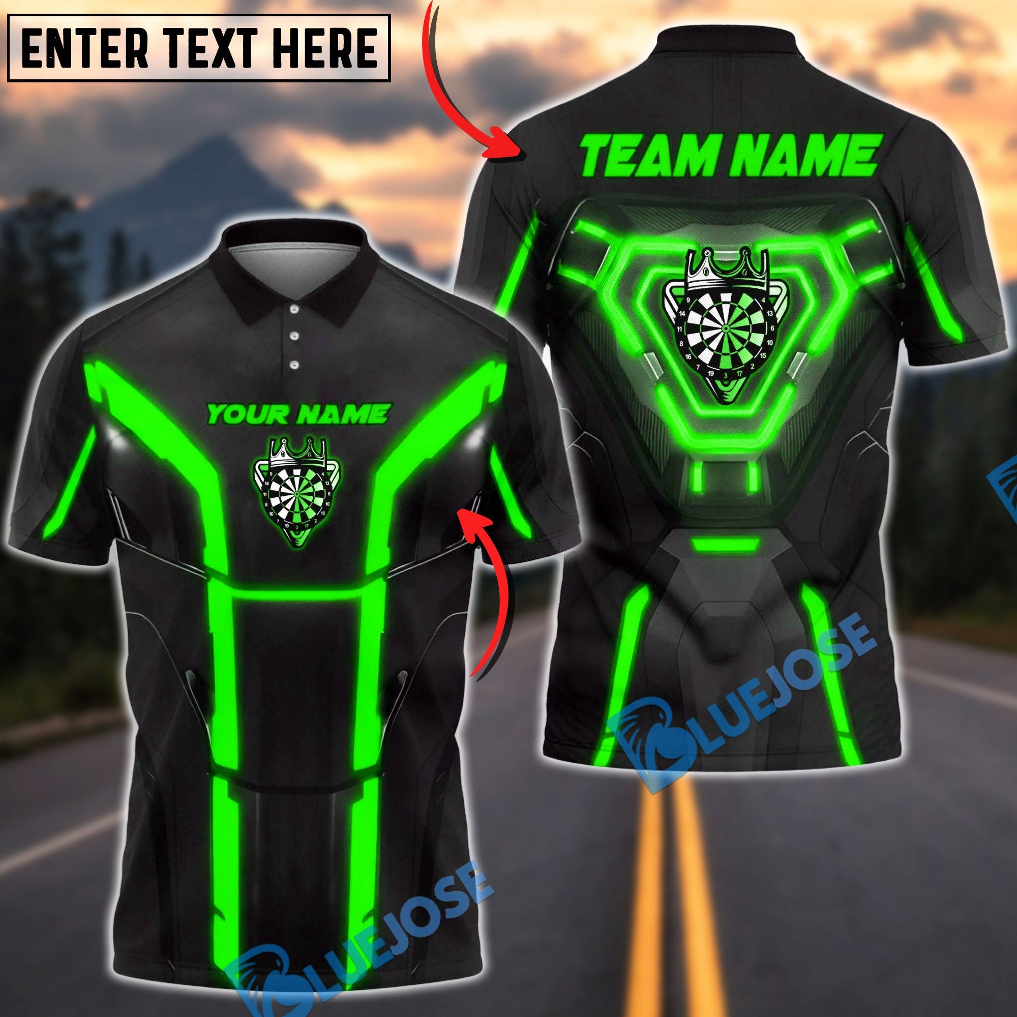 BlueJose Darts Cyber Dartboard Armor Neon Panels Personalized Name, Team Name Unisex Shirt (6 Colors)