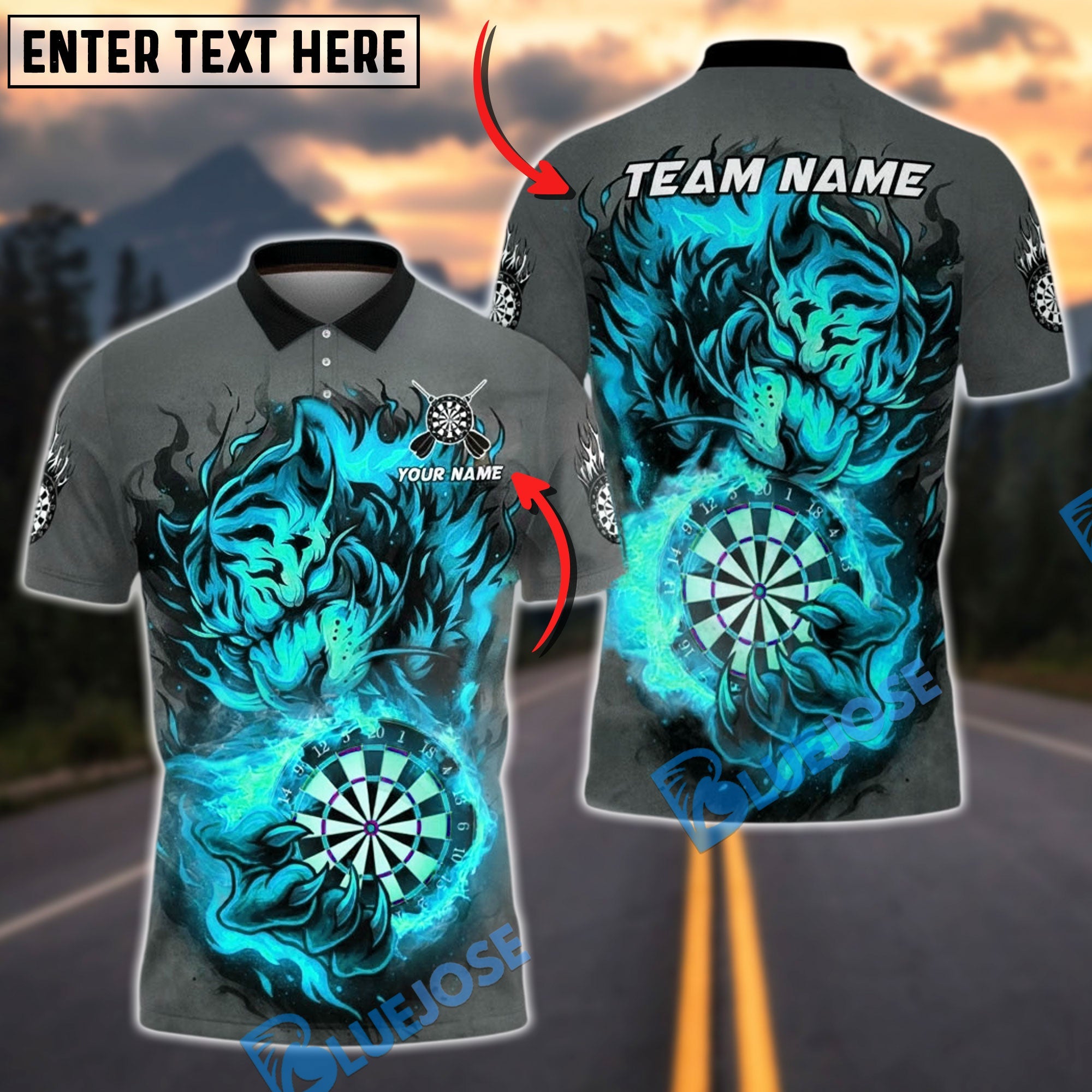 BlueJose Darts Fiery Tiger Dartboard Multicolor Options Personalized Name Shirt (4 Colors)