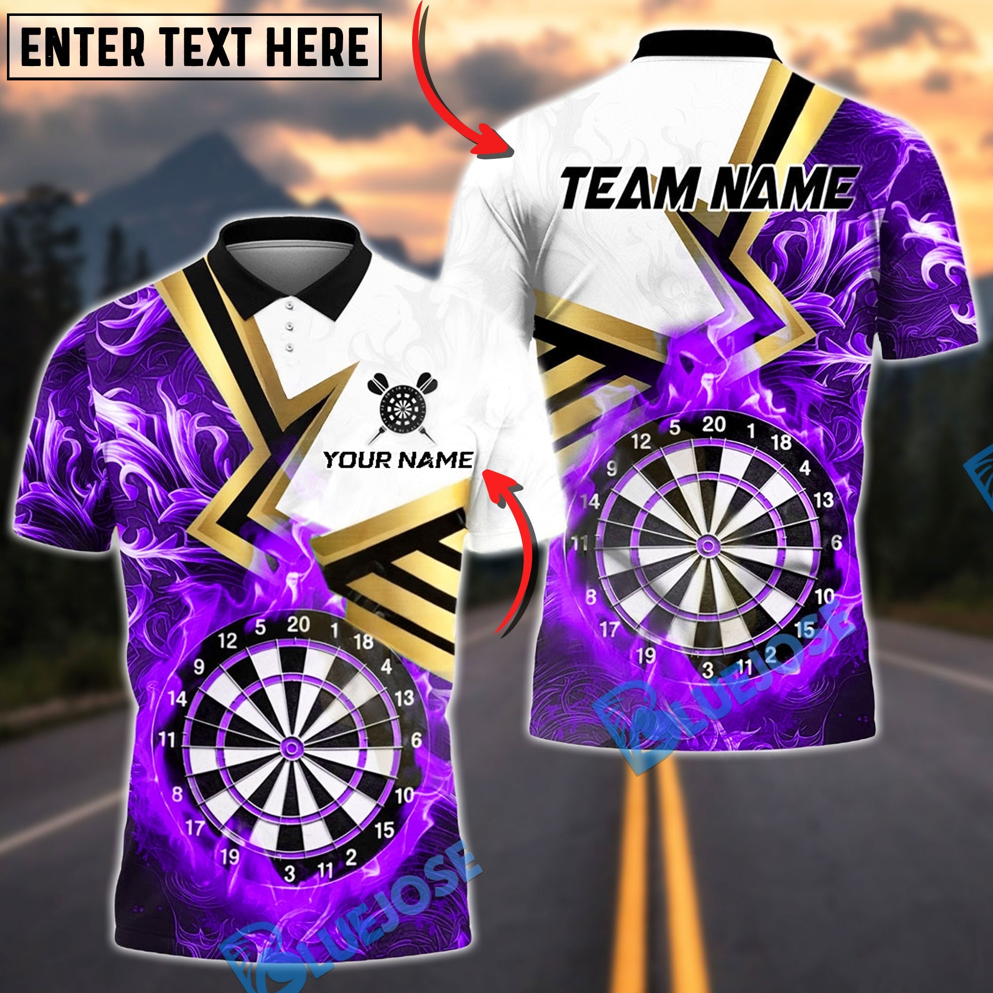 BlueJose Darts Flaming Dartboard Blaze Multicolor Options Personalized Name Shirt (4 Colors)