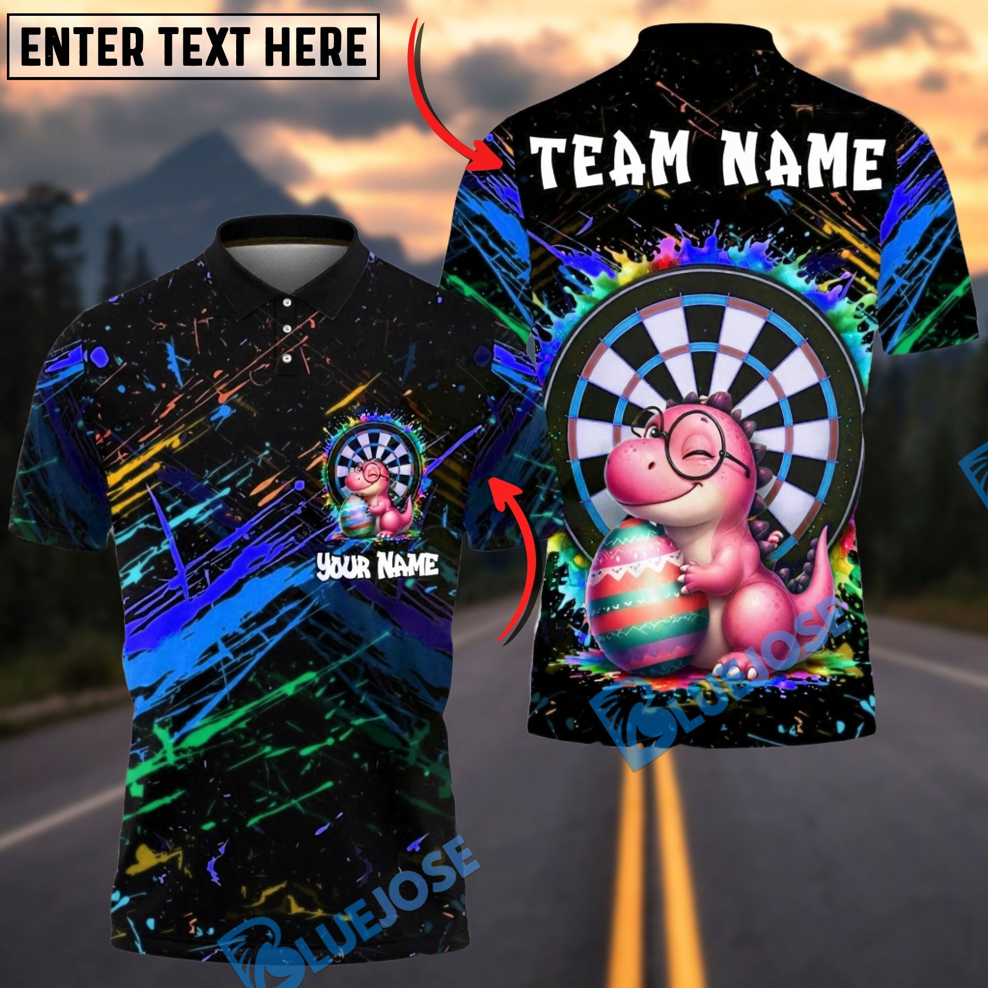 BlueJose Darts Cute Dino Easter Paint Splash Target Personalized Name, Team Name Unisex Shirt (4 Colors)