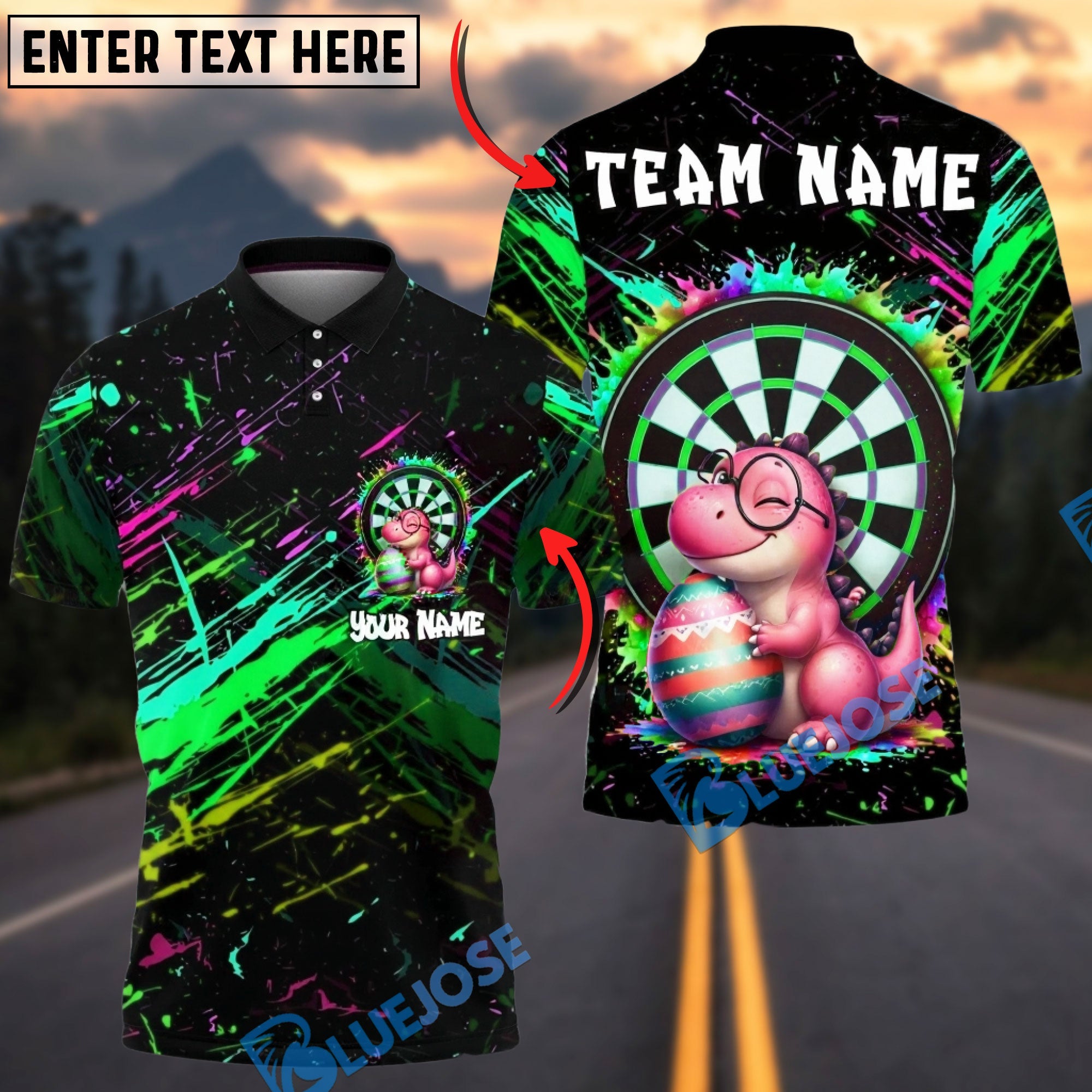 BlueJose Darts Cute Dino Easter Paint Splash Target Personalized Name, Team Name Unisex Shirt (4 Colors)