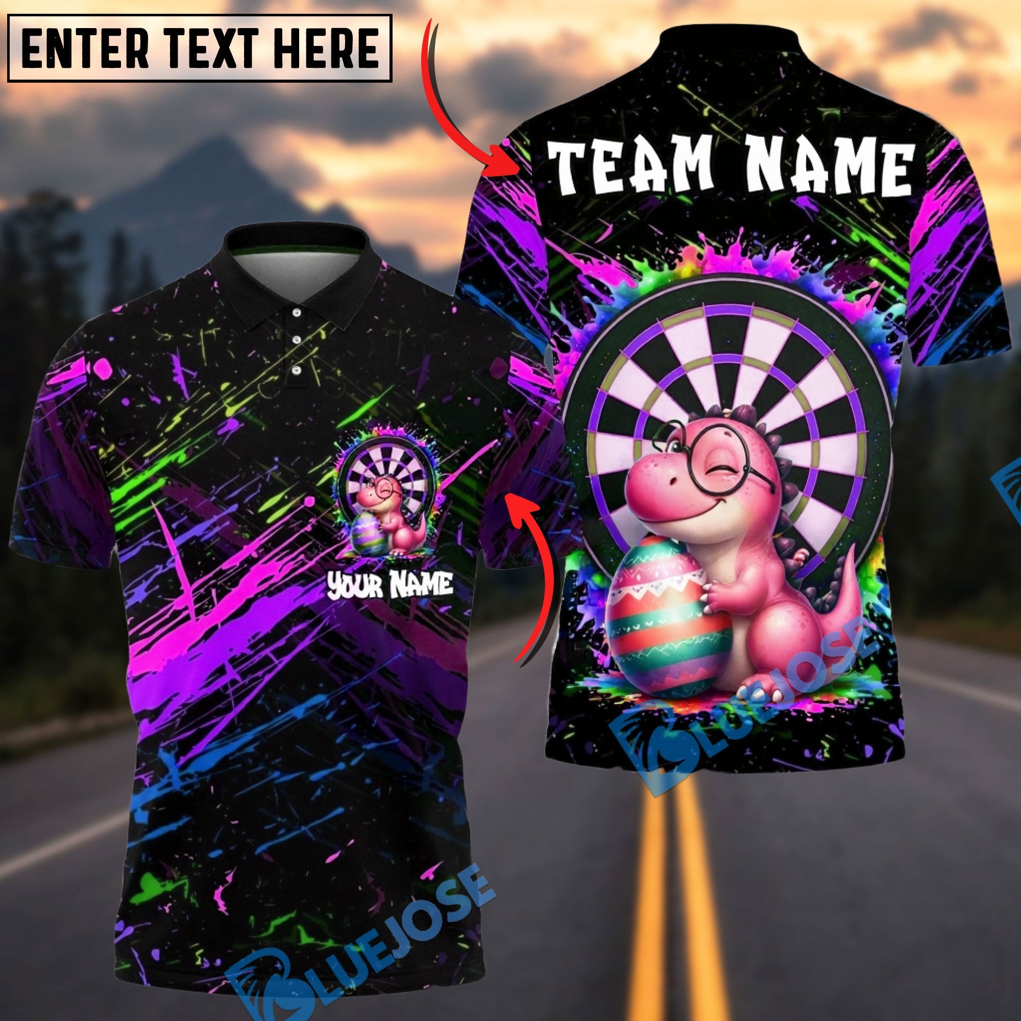 BlueJose Darts Cute Dino Easter Paint Splash Target Personalized Name, Team Name Unisex Shirt (4 Colors)
