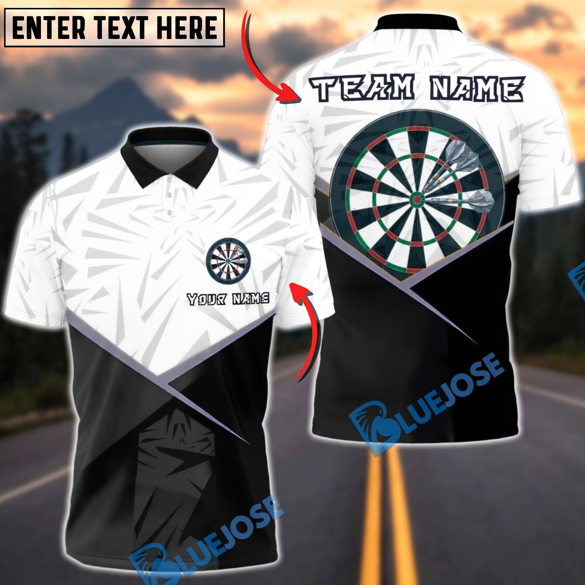 BlueJose Darts Geometric Split Black White Modern Target Personalized Name, Team Name Unisex Shirt (6 Colors)