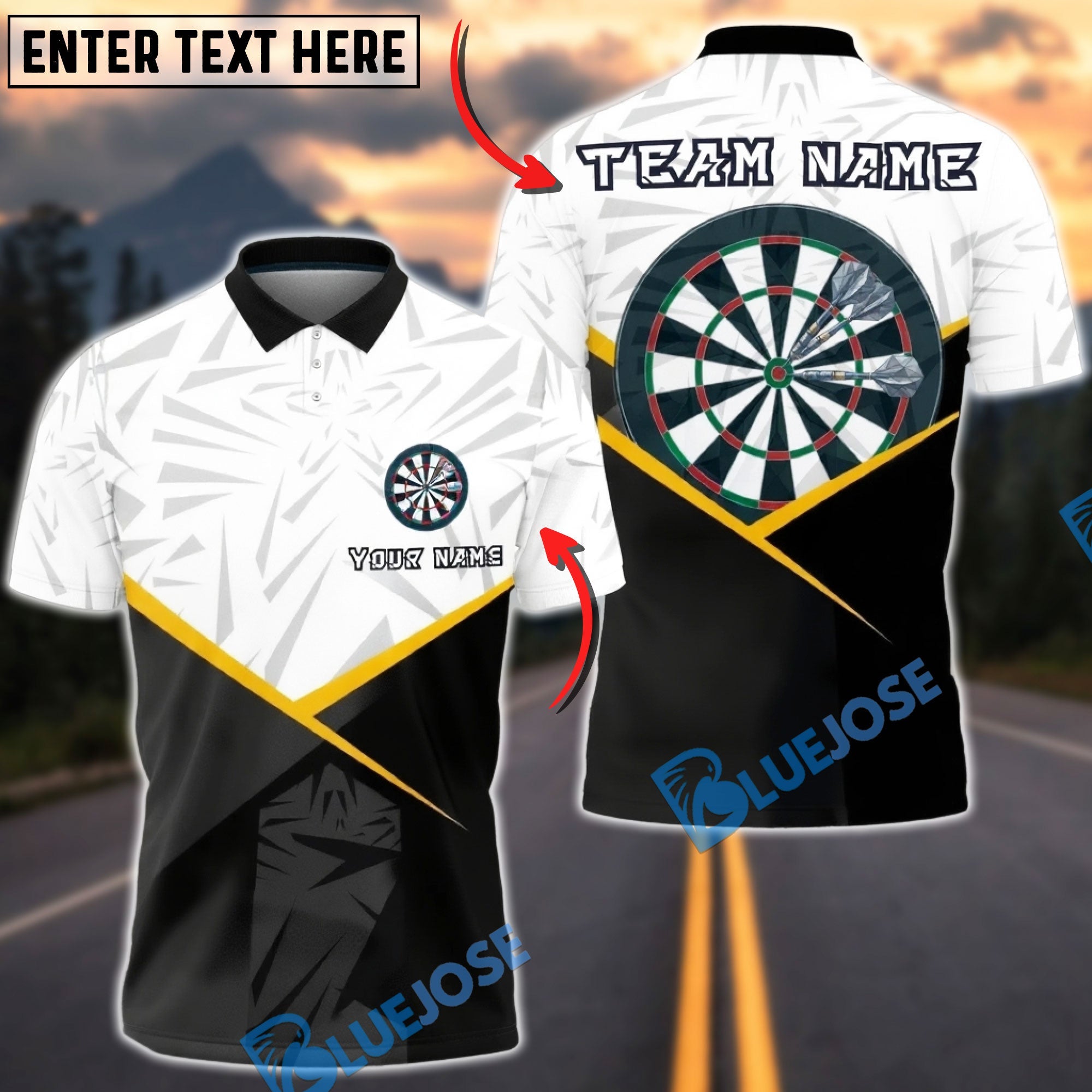 BlueJose Darts Geometric Split Black White Modern Target Personalized Name, Team Name Unisex Shirt (6 Colors)