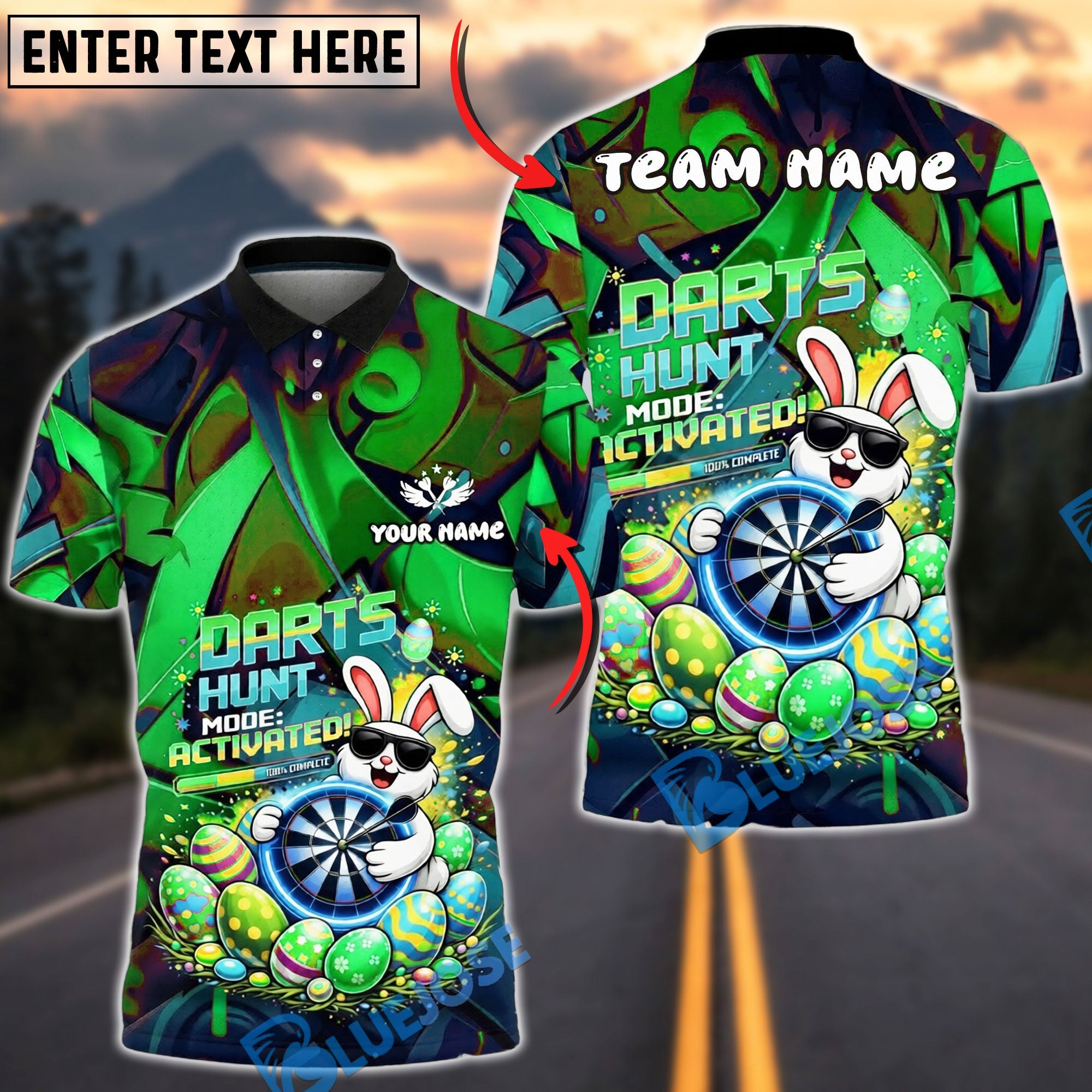 BlueJose Darts Easter Bunny Hunt Mode Activated Fun Graphic Personalized Name, Team Name Unisex Shirt (4 Colors)