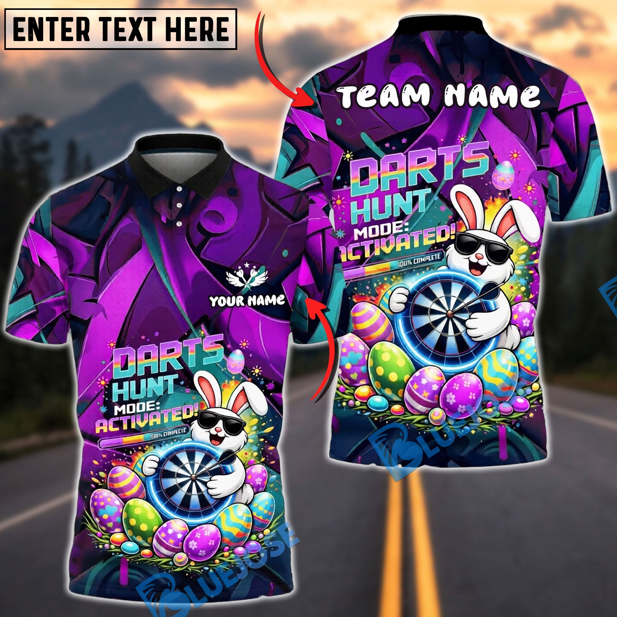BlueJose Darts Easter Bunny Hunt Mode Activated Fun Graphic Personalized Name, Team Name Unisex Shirt (4 Colors)