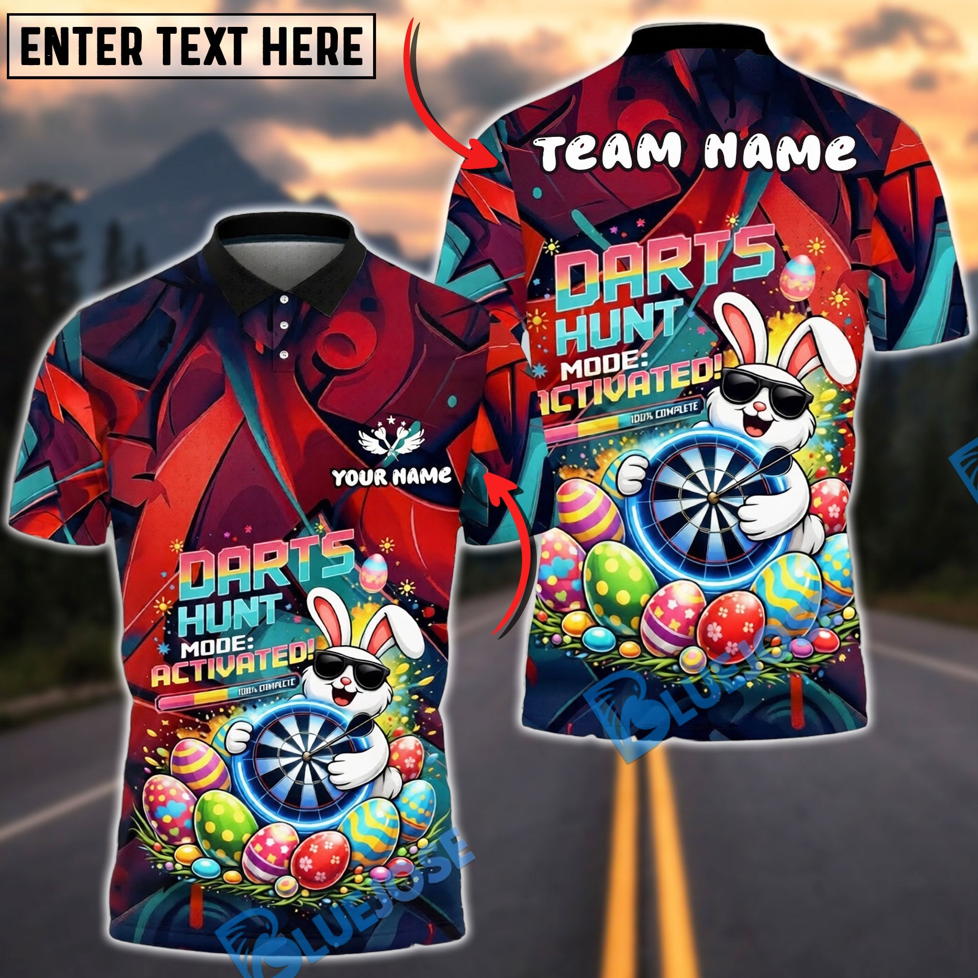 BlueJose Darts Easter Bunny Hunt Mode Activated Fun Graphic Personalized Name, Team Name Unisex Shirt (4 Colors)