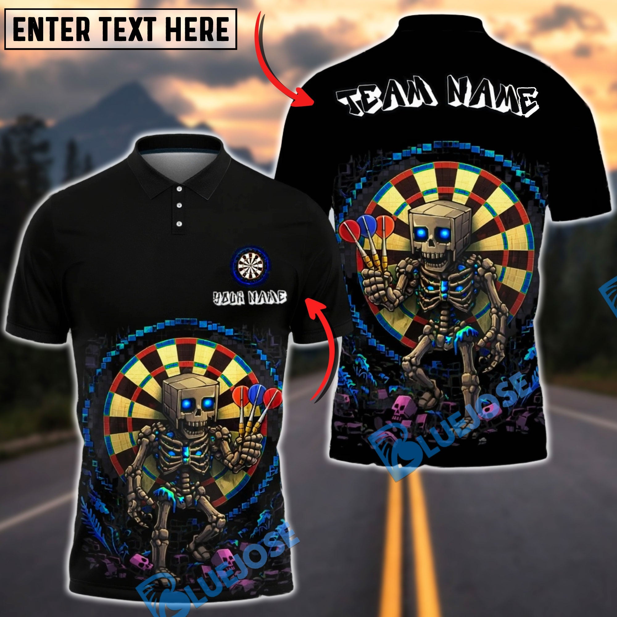 BlueJose Darts Dark Skeleton Neon Target Halloween Style Personalized Name, Team Name Unisex Shirt (4 Colors)