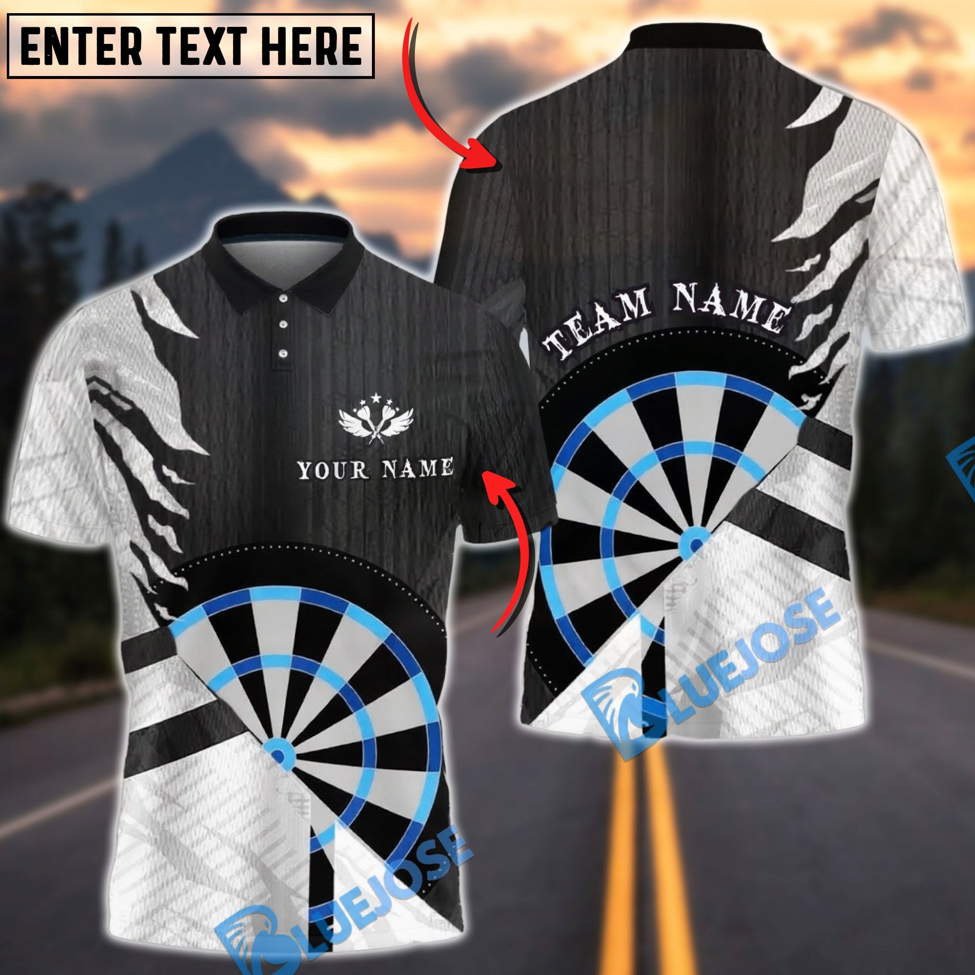 BlueJose Darts Black White Minimalist Target Design Personalized Name, Team Name Unisex Shirt (4 Colors)
