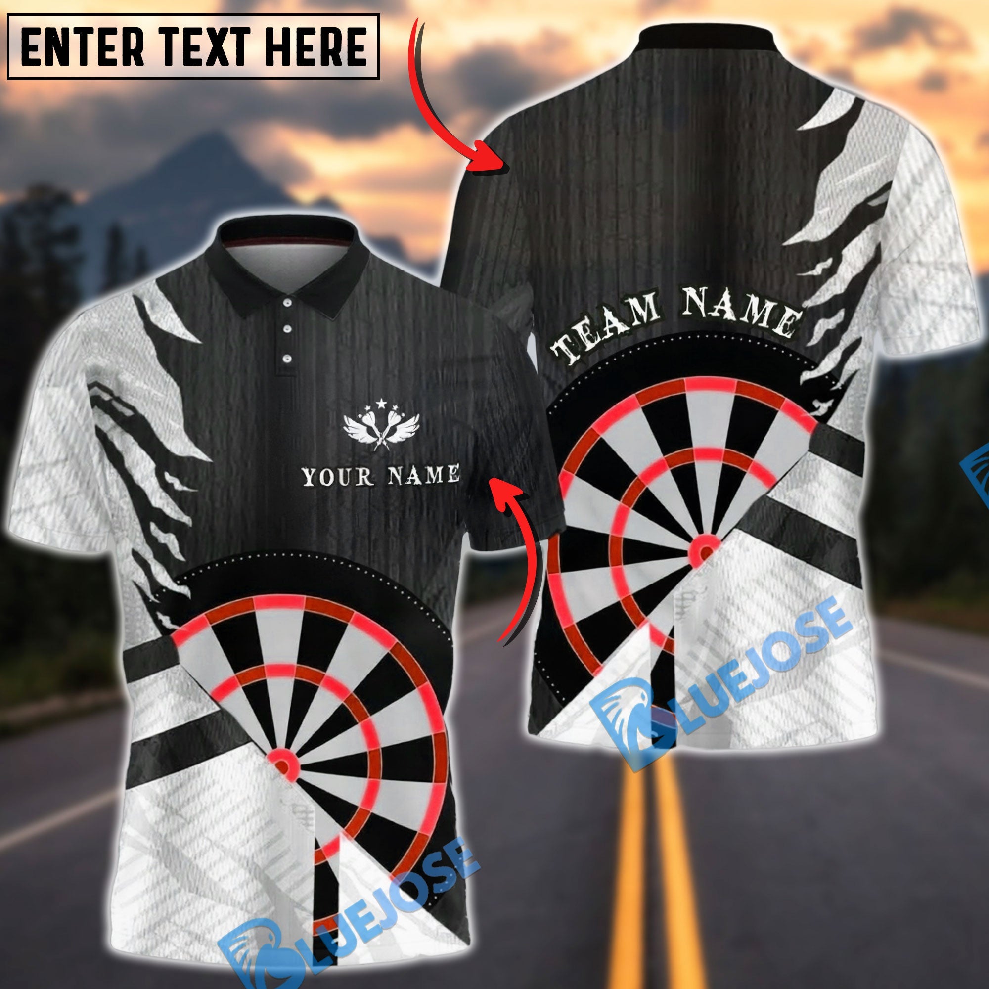 BlueJose Darts Black White Minimalist Target Design Personalized Name, Team Name Unisex Shirt (4 Colors)
