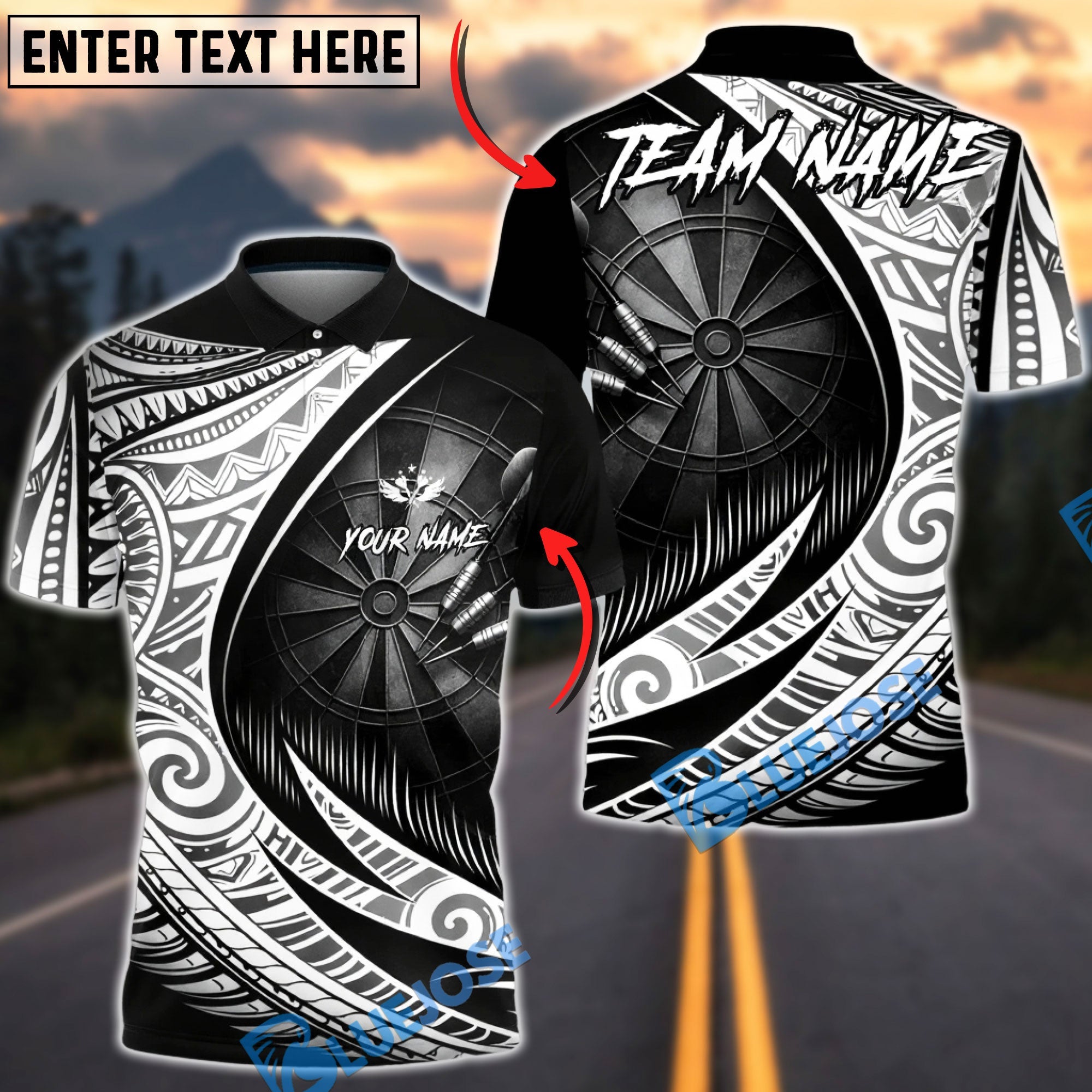 BlueJose Darts Tribal Black White Abstract Swirl Target Personalized Name Shirt