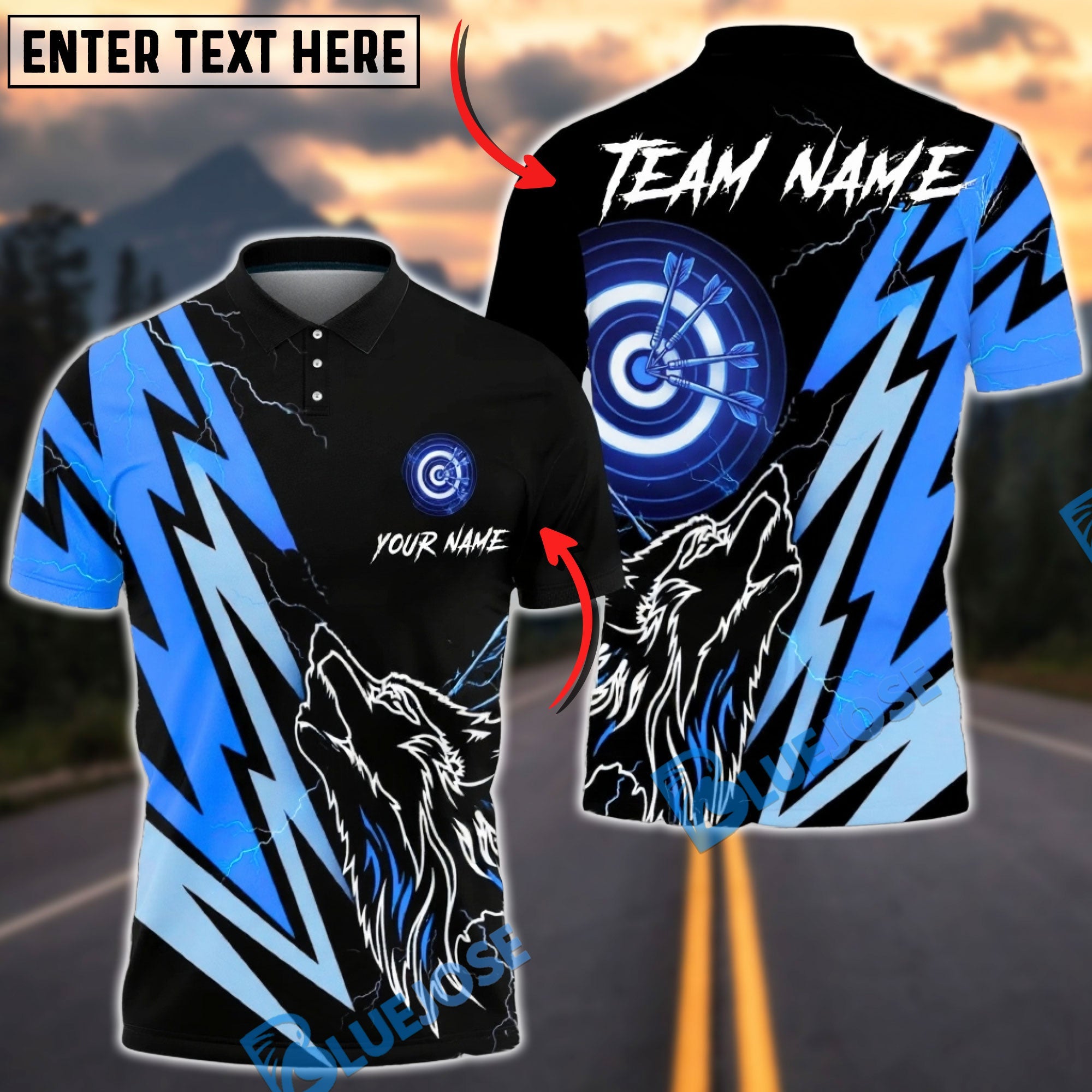 BlueJose Darts Lightning Wolf Power Target Personalized Name, Team Name Unisex Shirt (6 Colors)