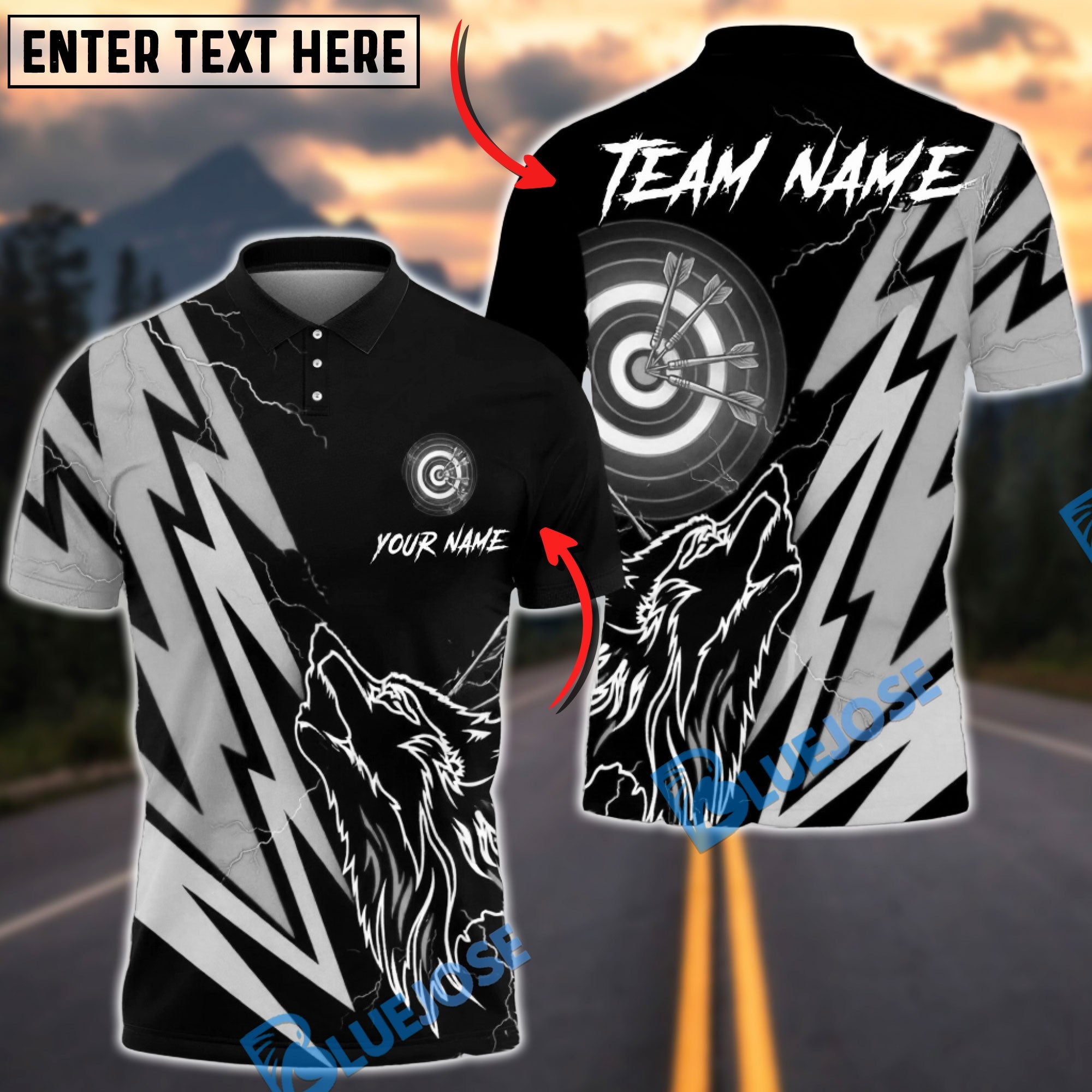 BlueJose Darts Lightning Wolf Power Target Personalized Name, Team Name Unisex Shirt (6 Colors)