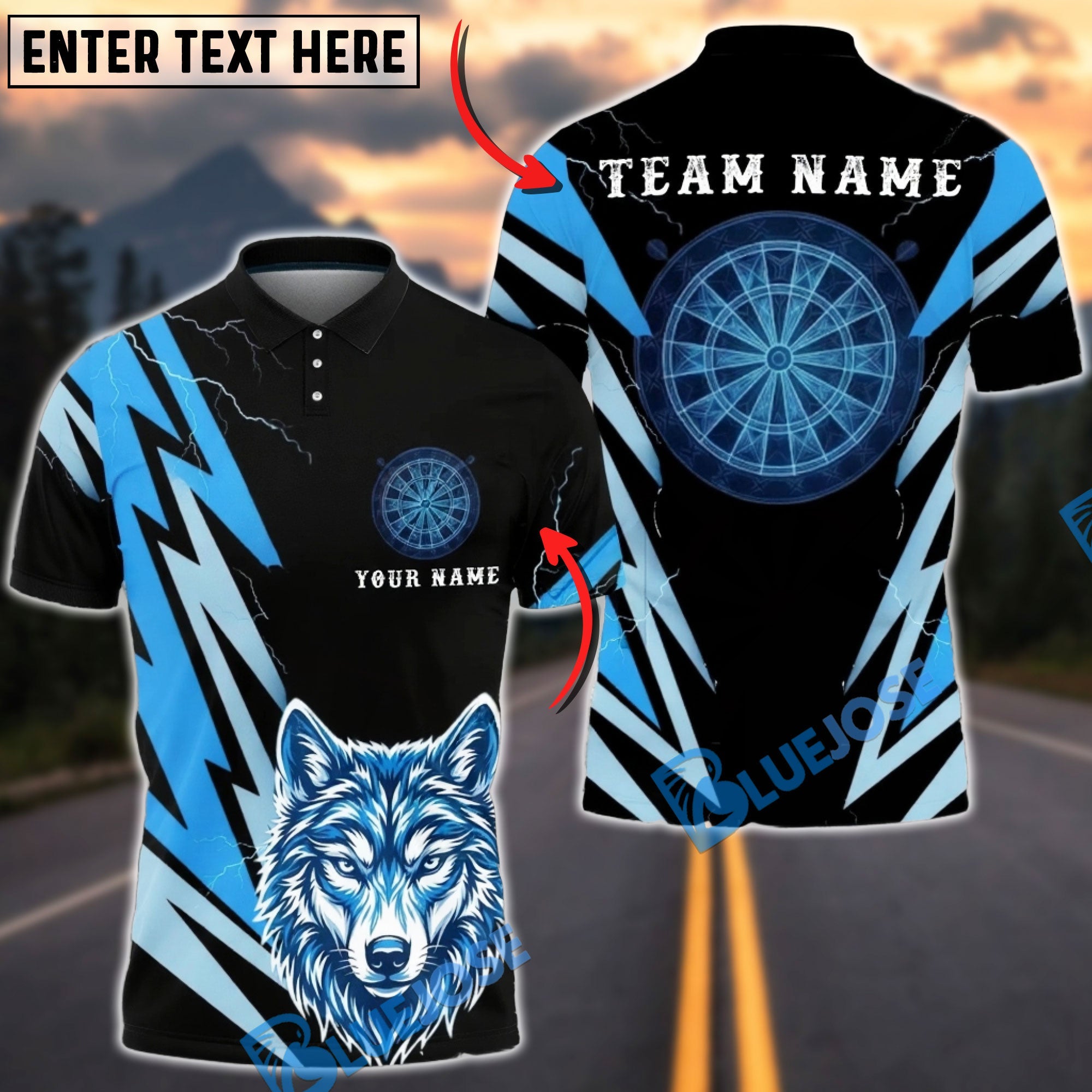 BlueJose Darts Lightning Wolf Head Graphic Personalized Name, Team Name Unisex Shirt (6 Colors)