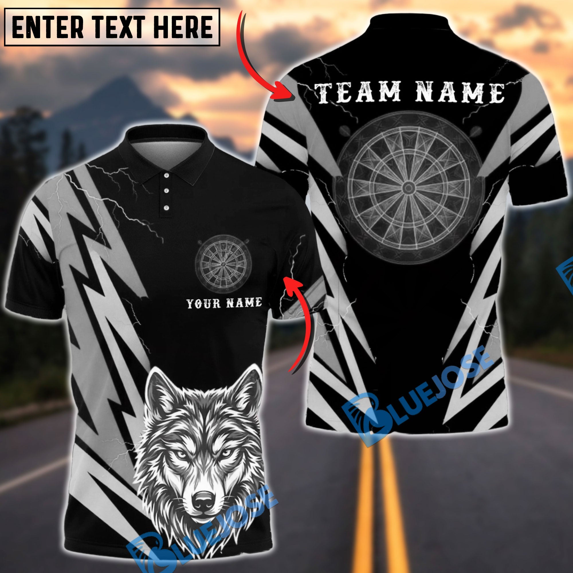 BlueJose Darts Lightning Wolf Head Graphic Personalized Name, Team Name Unisex Shirt (6 Colors)