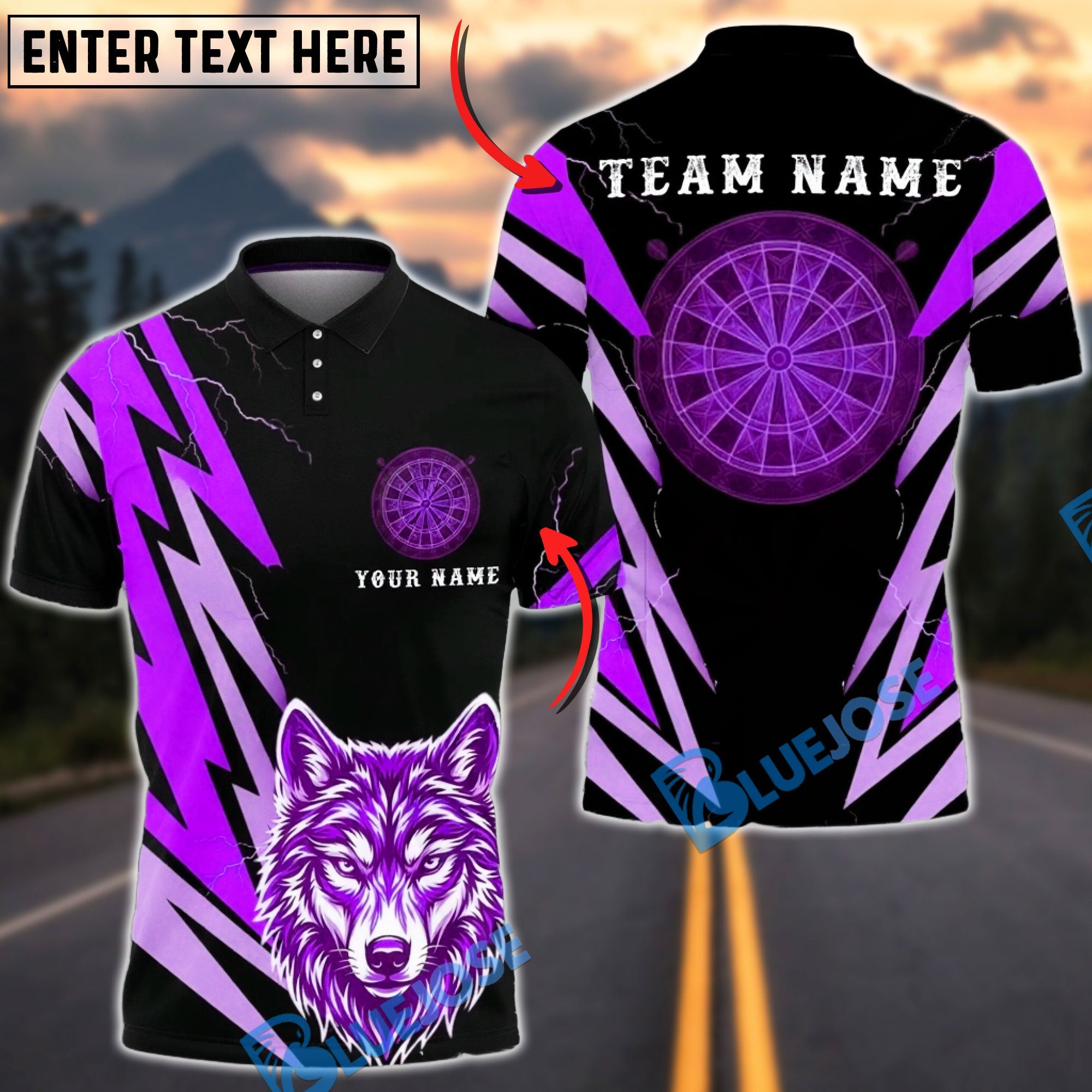 BlueJose Darts Lightning Wolf Head Graphic Personalized Name, Team Name Unisex Shirt (6 Colors)