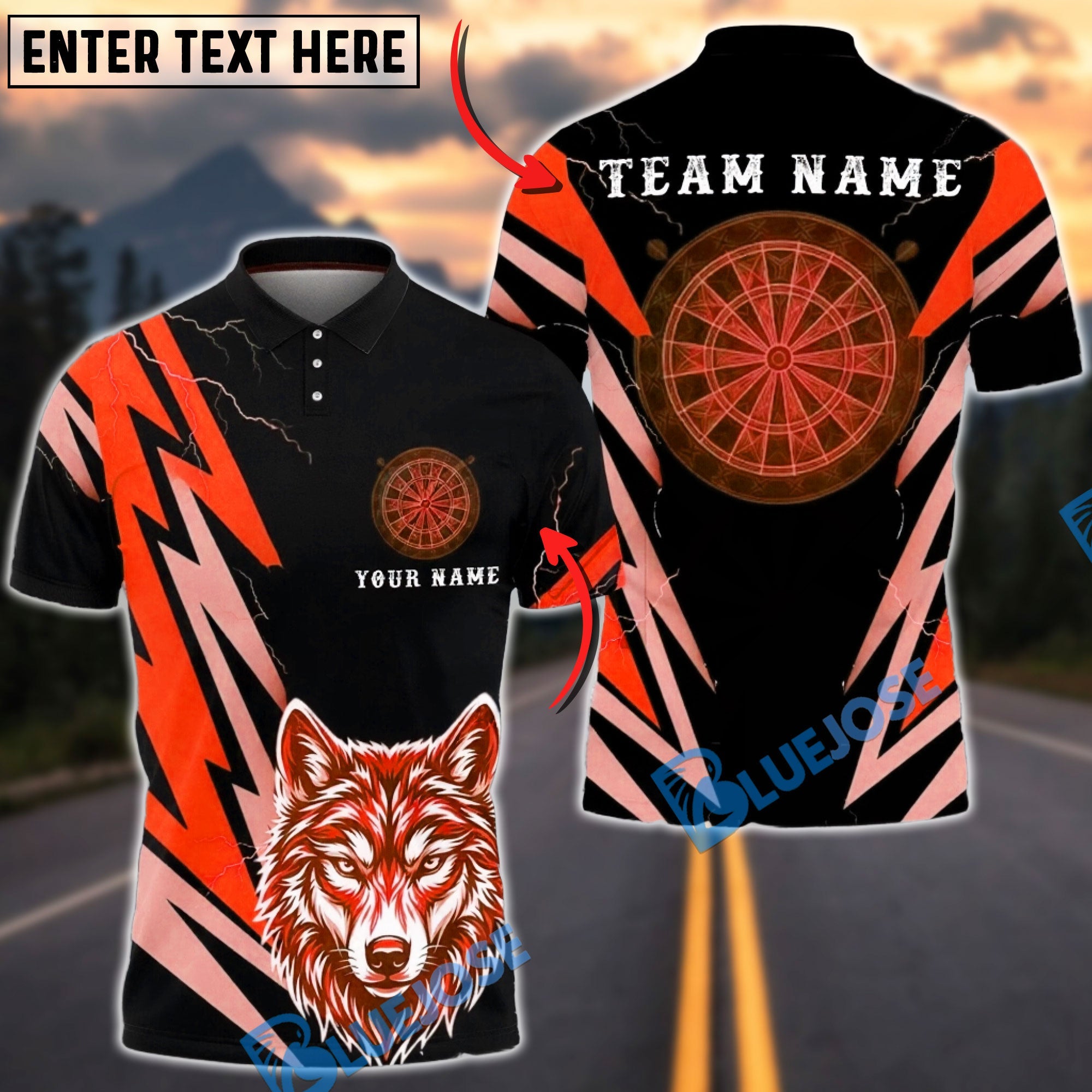 BlueJose Darts Lightning Wolf Head Graphic Personalized Name, Team Name Unisex Shirt (6 Colors)