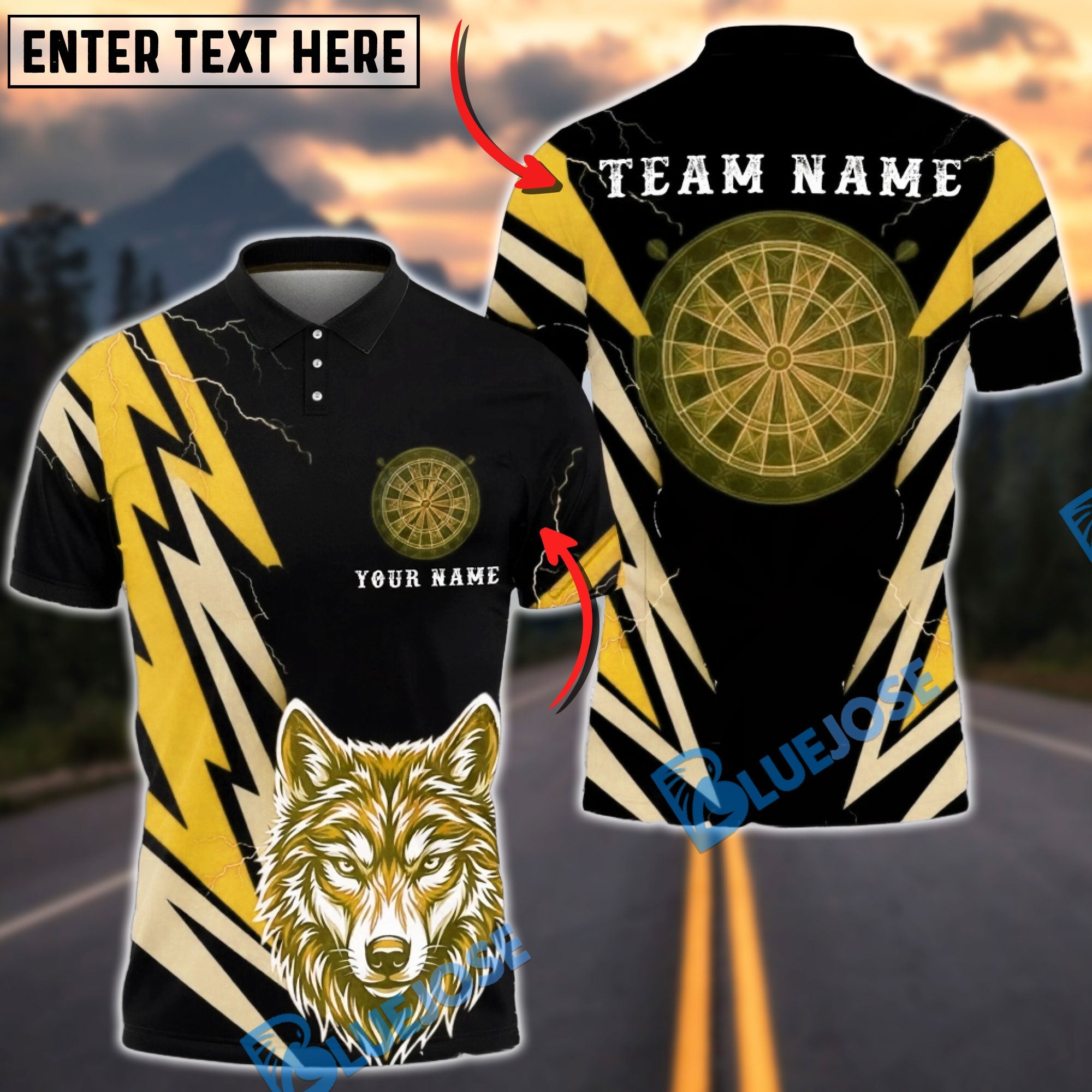 BlueJose Darts Lightning Wolf Head Graphic Personalized Name, Team Name Unisex Shirt (6 Colors)