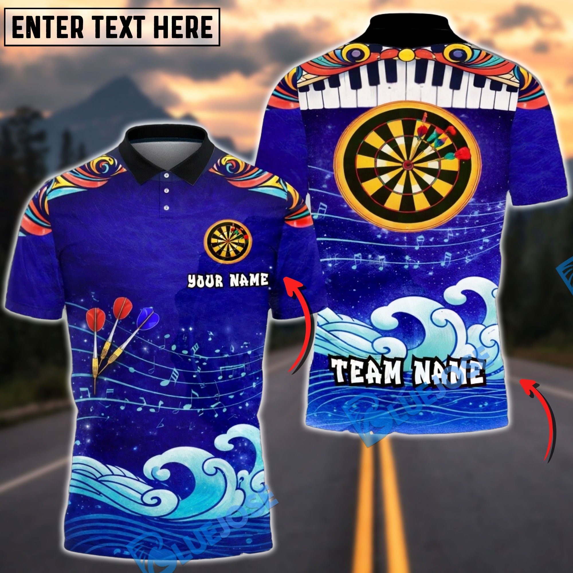 BlueJose Darts Music Wave Artistic Ocean Target Personalized Name, Team Name Unisex Shirt (4 Colors)