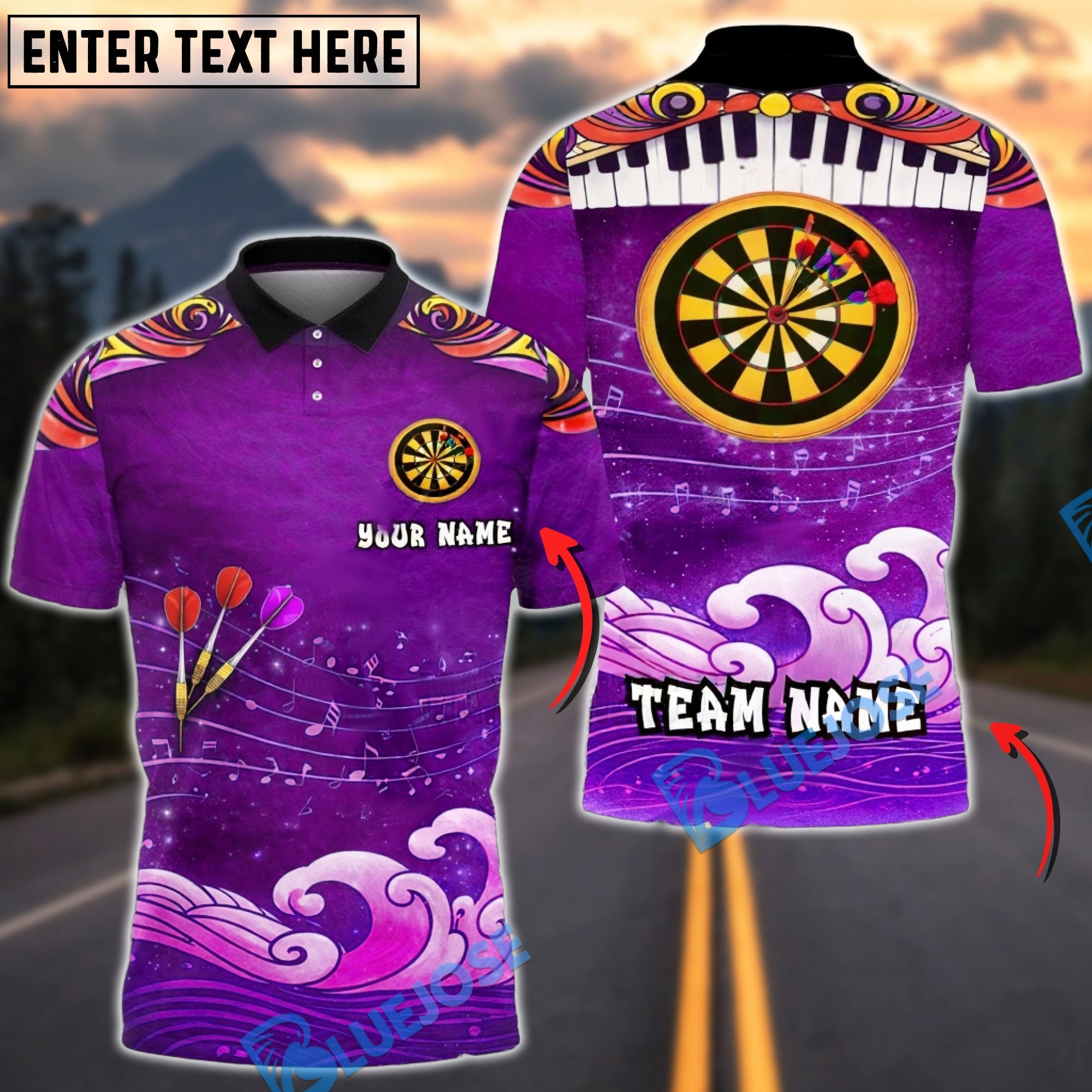 BlueJose Darts Music Wave Artistic Ocean Target Personalized Name, Team Name Unisex Shirt (4 Colors)