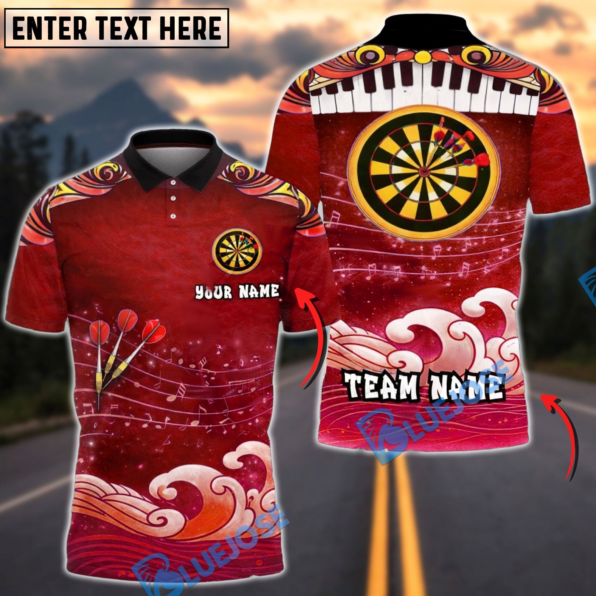 BlueJose Darts Music Wave Artistic Ocean Target Personalized Name, Team Name Unisex Shirt (4 Colors)