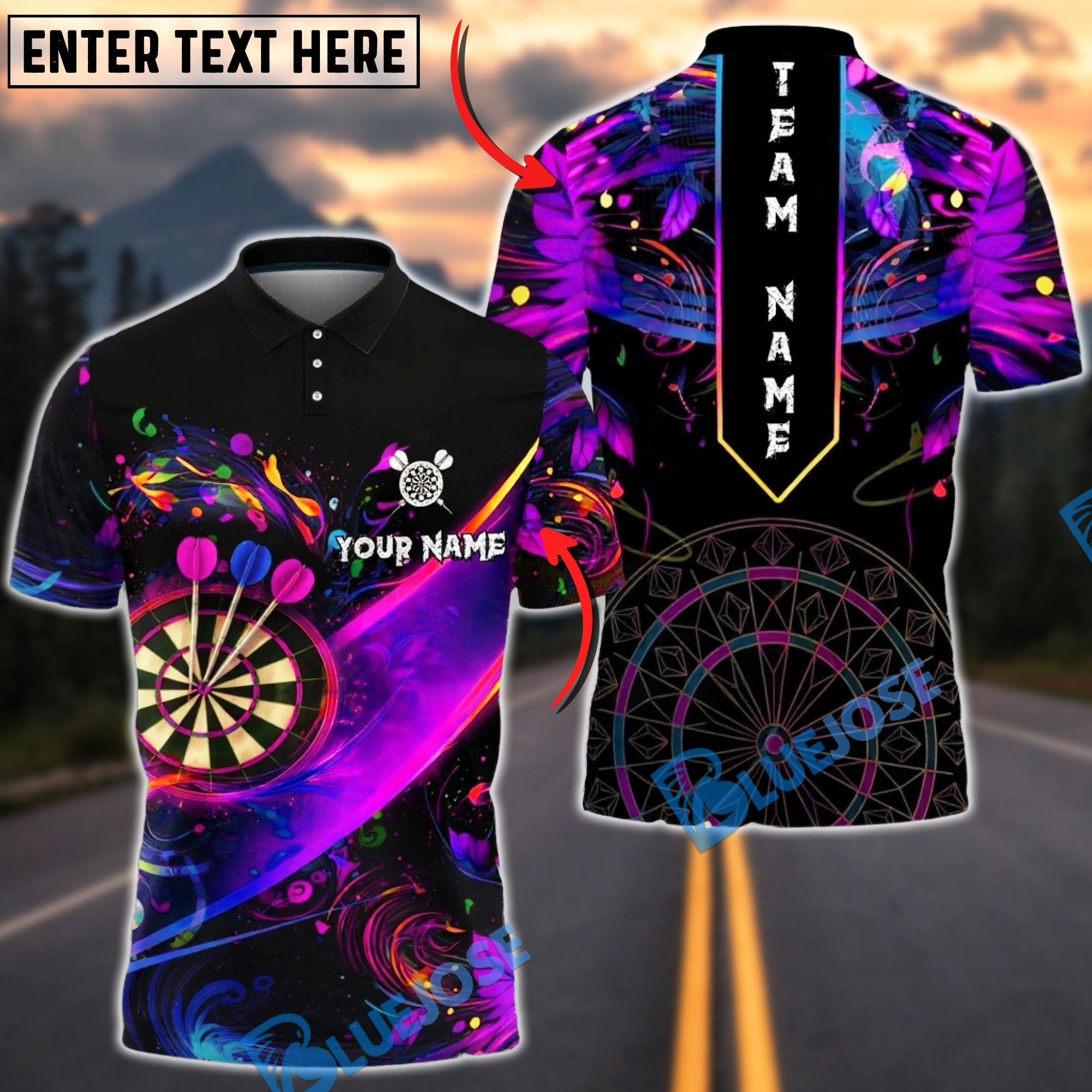 BlueJose Darts Neon Abstract Paint Splash Galaxy Personalized Name, Team Name Unisex Shirt (4 Colors)