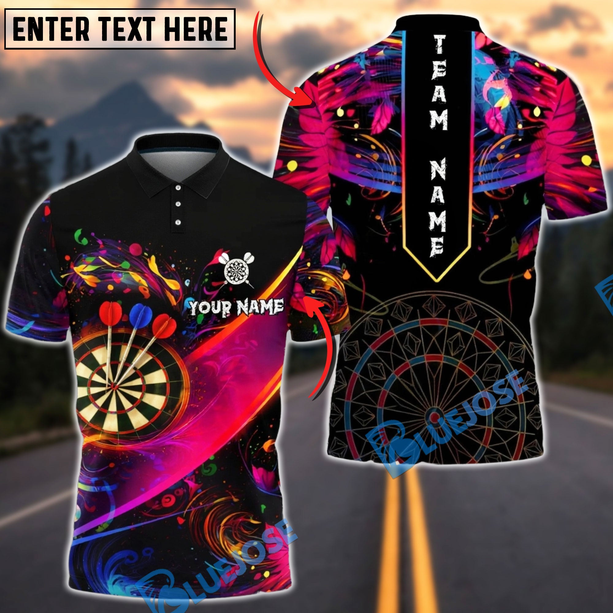 BlueJose Darts Neon Abstract Paint Splash Galaxy Personalized Name, Team Name Unisex Shirt (4 Colors)
