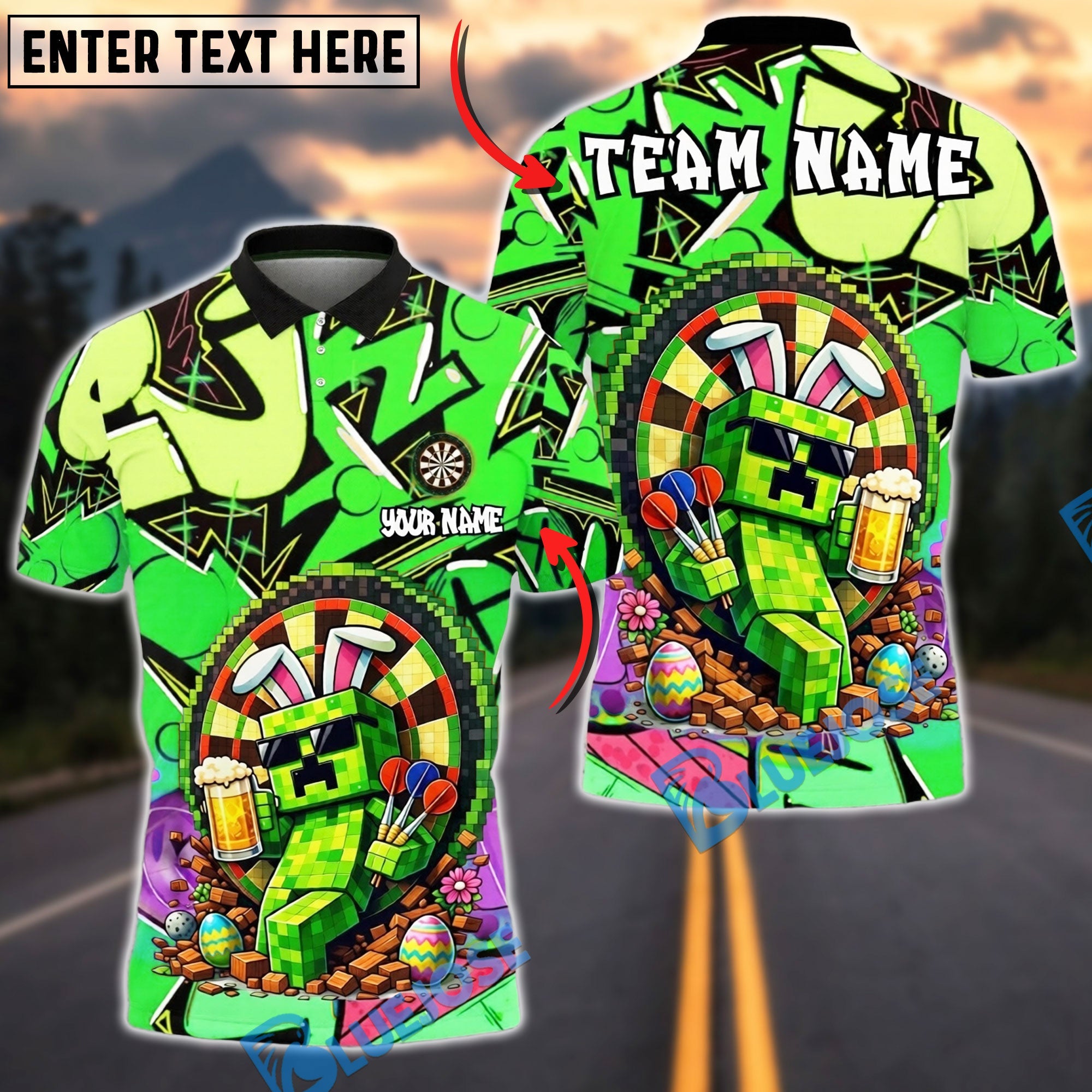 BlueJose Darts Graffiti Creeper Beer Fun Cartoon Style Personalized Name, Team Name Unisex Shirt (4 Colors)
