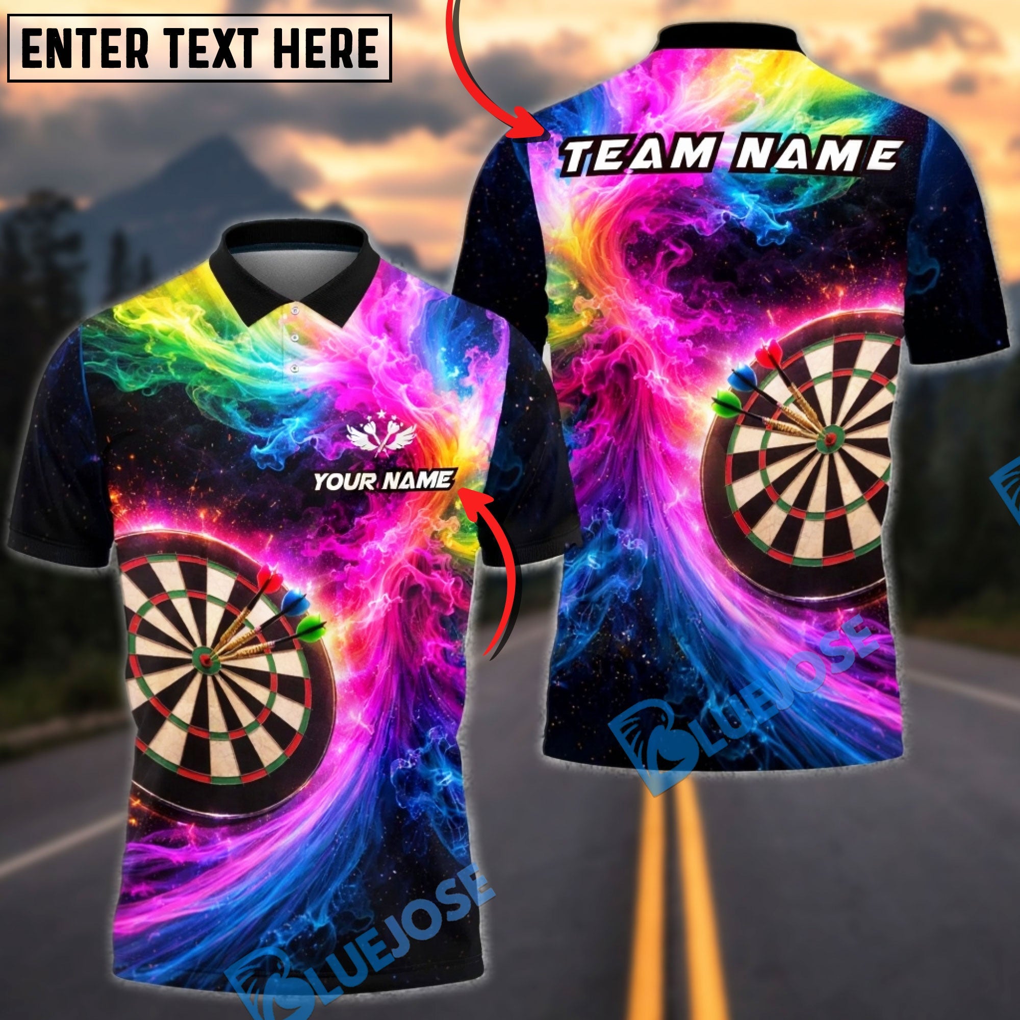 BlueJose Darts Galaxy Rainbow Dartboard Personalized Name Shirt
