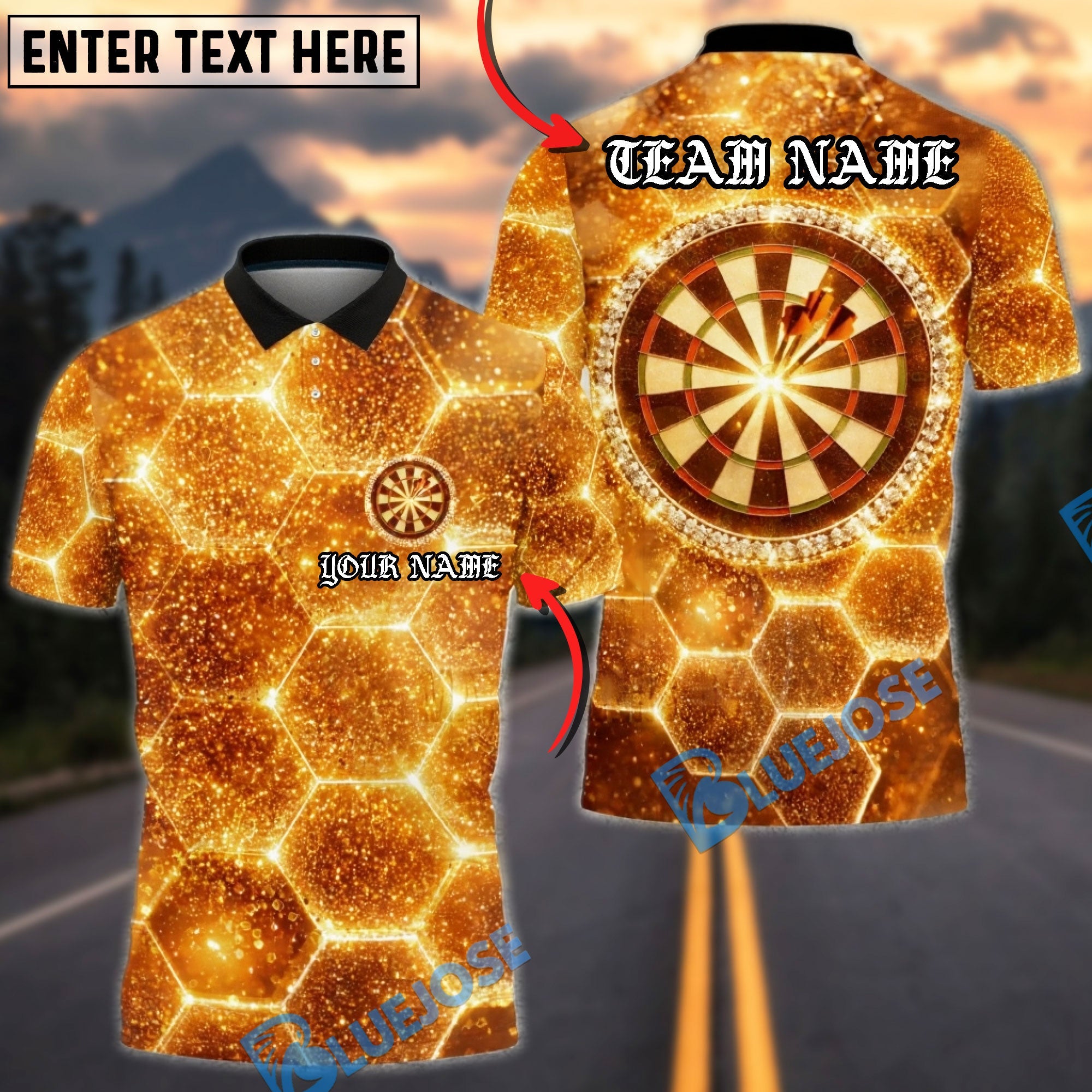 BlueJose Darts Golden Honeycomb Dartboard Personalized Name Shirt