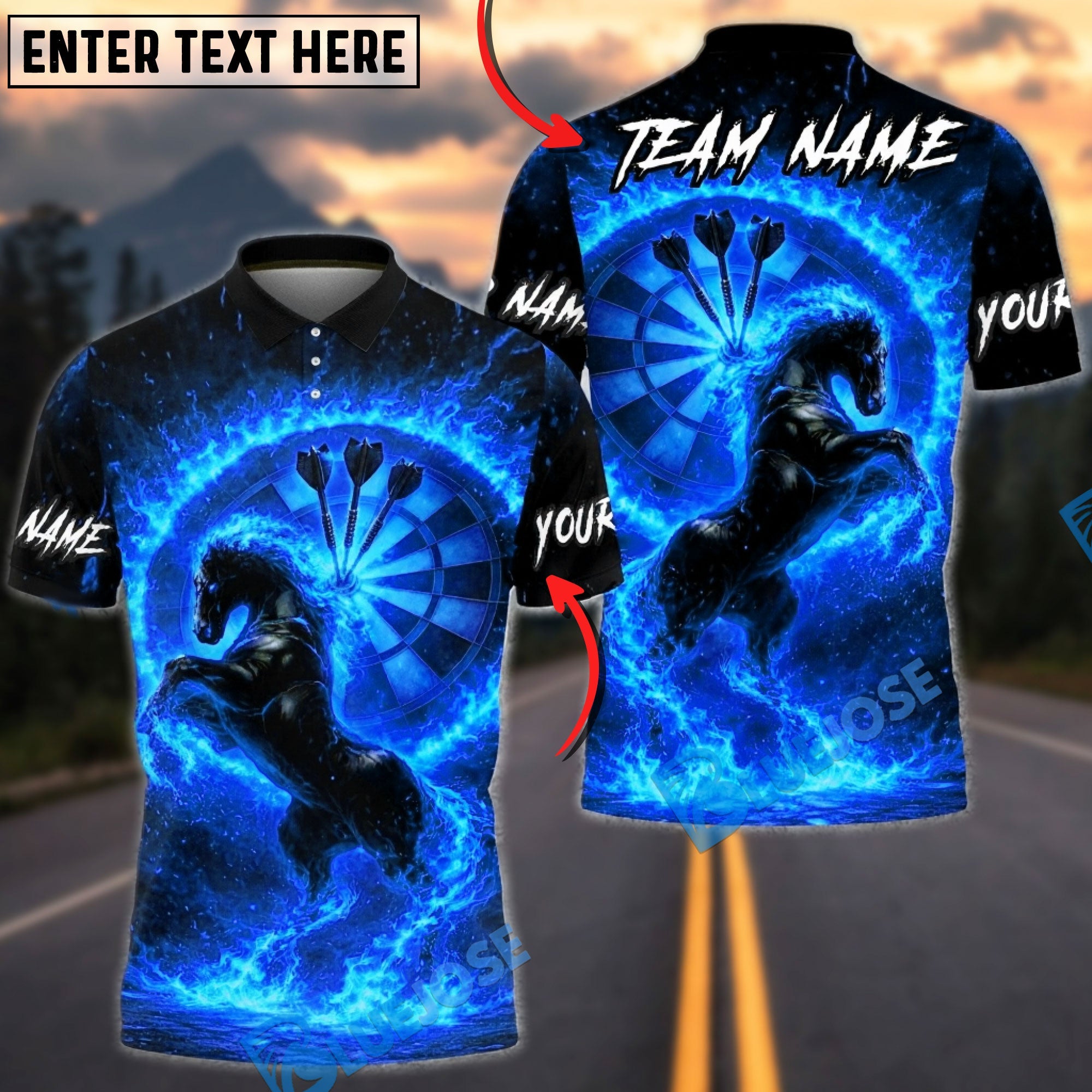 BlueJose Darts Fire Horse Fantasy Multicolor Options Personalized Name Shirt (4 Colors)
