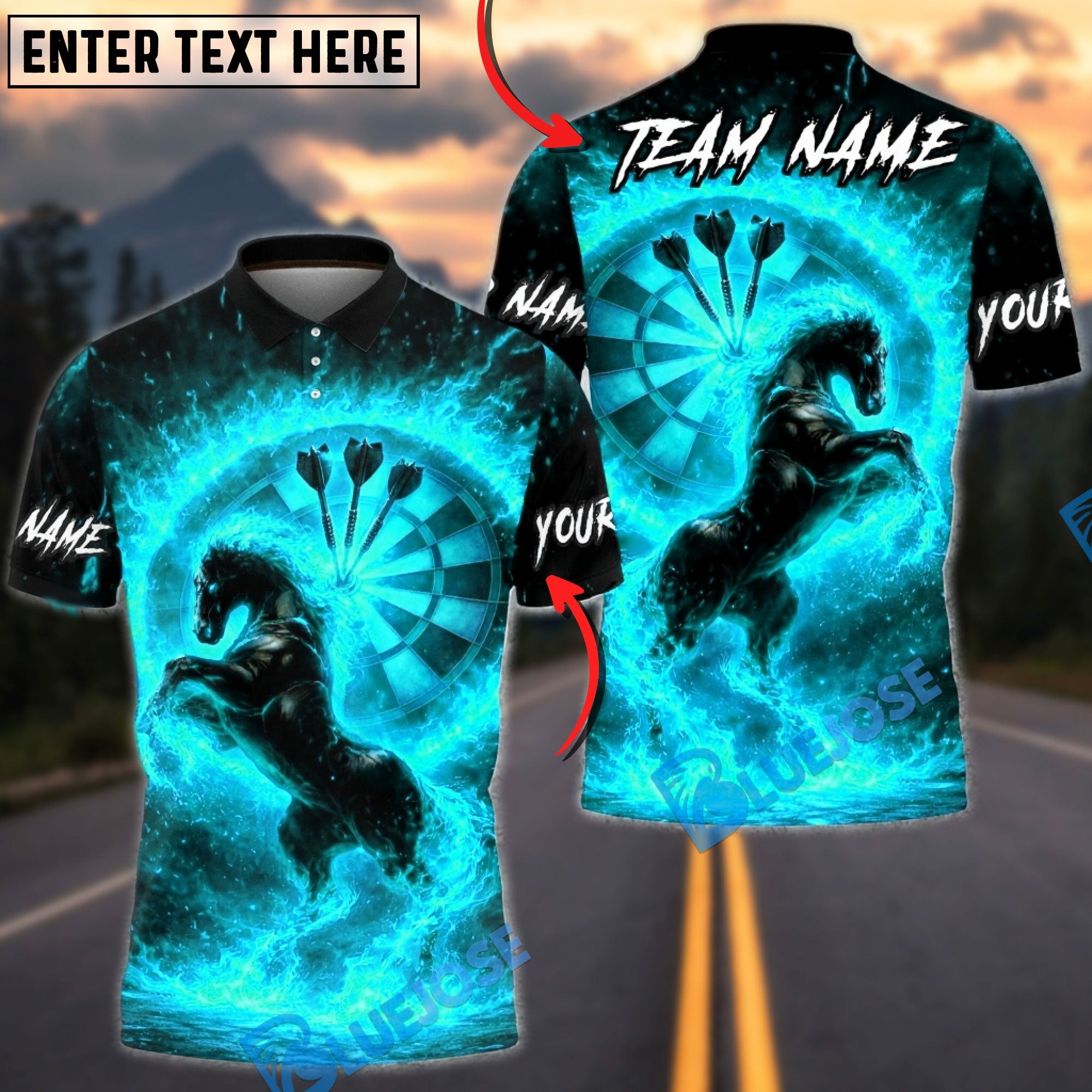 BlueJose Darts Fire Horse Fantasy Multicolor Options Personalized Name Shirt (4 Colors)