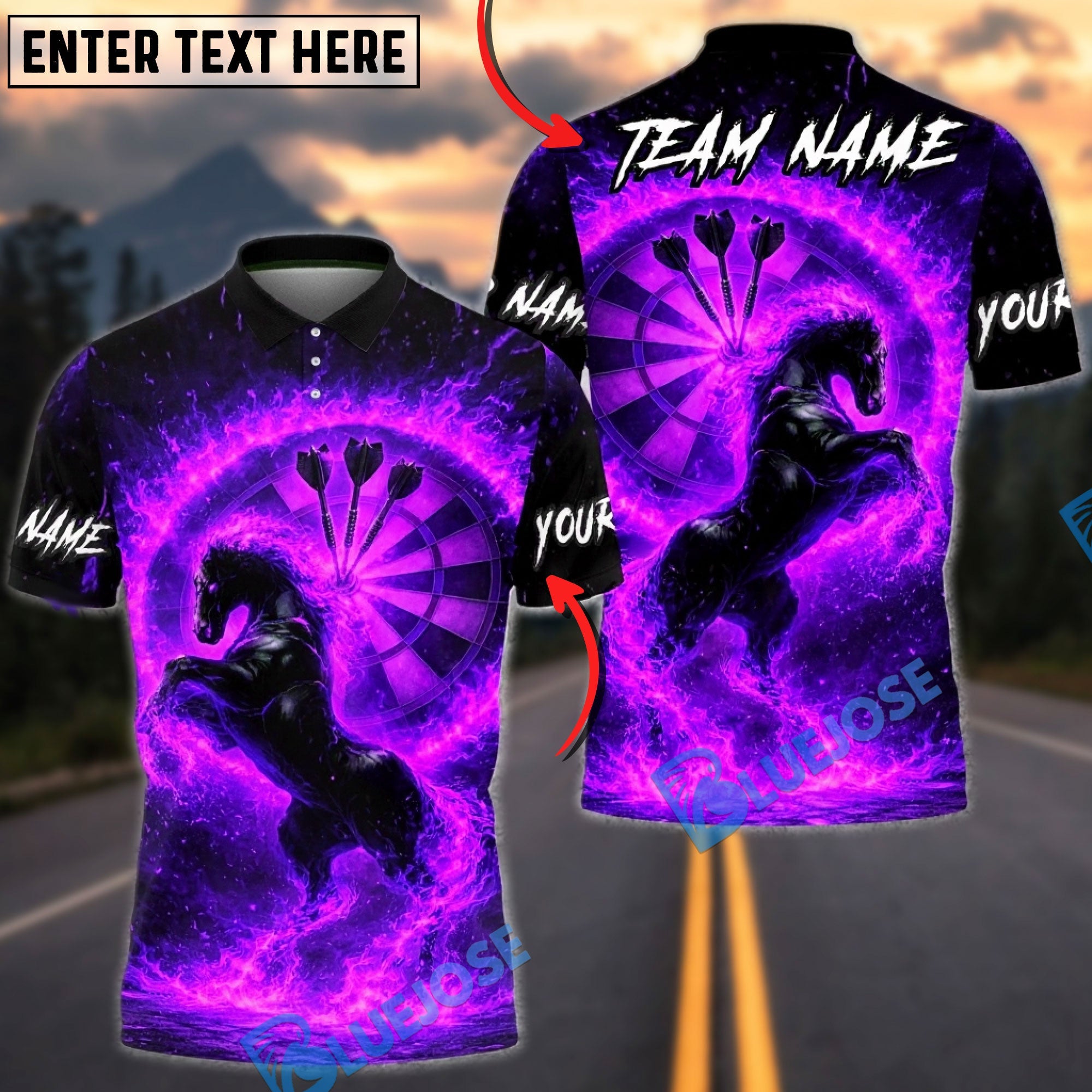 BlueJose Darts Fire Horse Fantasy Multicolor Options Personalized Name Shirt (4 Colors)