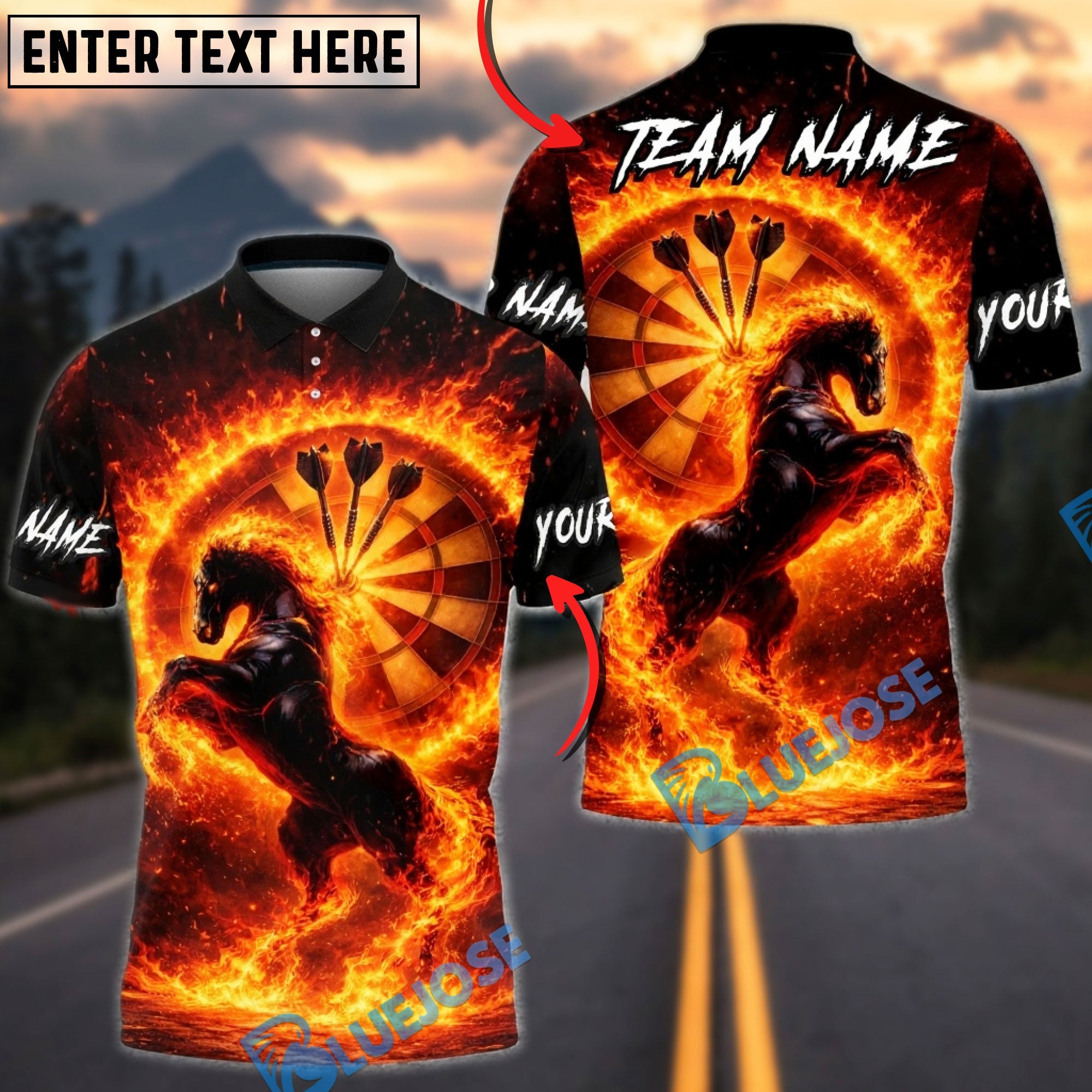BlueJose Darts Fire Horse Fantasy Multicolor Options Personalized Name Shirt (4 Colors)