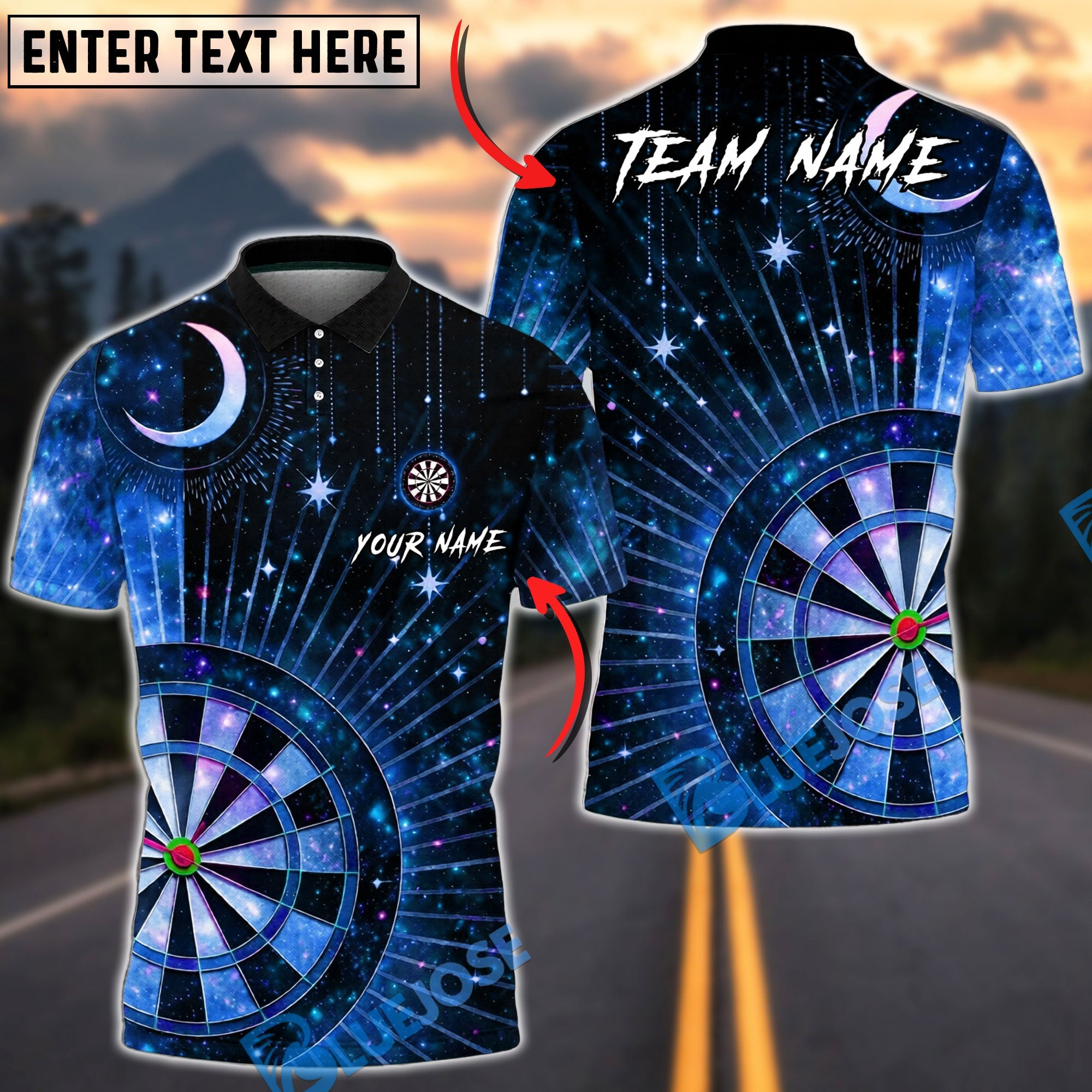 BlueJose Darts Cool Passionate Cosmic Moon Galaxy Starry Sky Dartboard Target Personalized Name, Team Name Unisex Shirt (4 Colors)