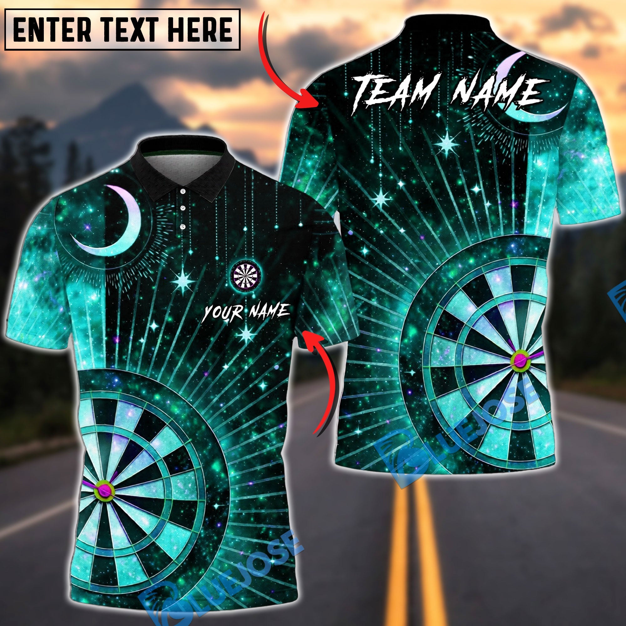 BlueJose Darts Cool Passionate Cosmic Moon Galaxy Starry Sky Dartboard Target Personalized Name, Team Name Unisex Shirt (4 Colors)