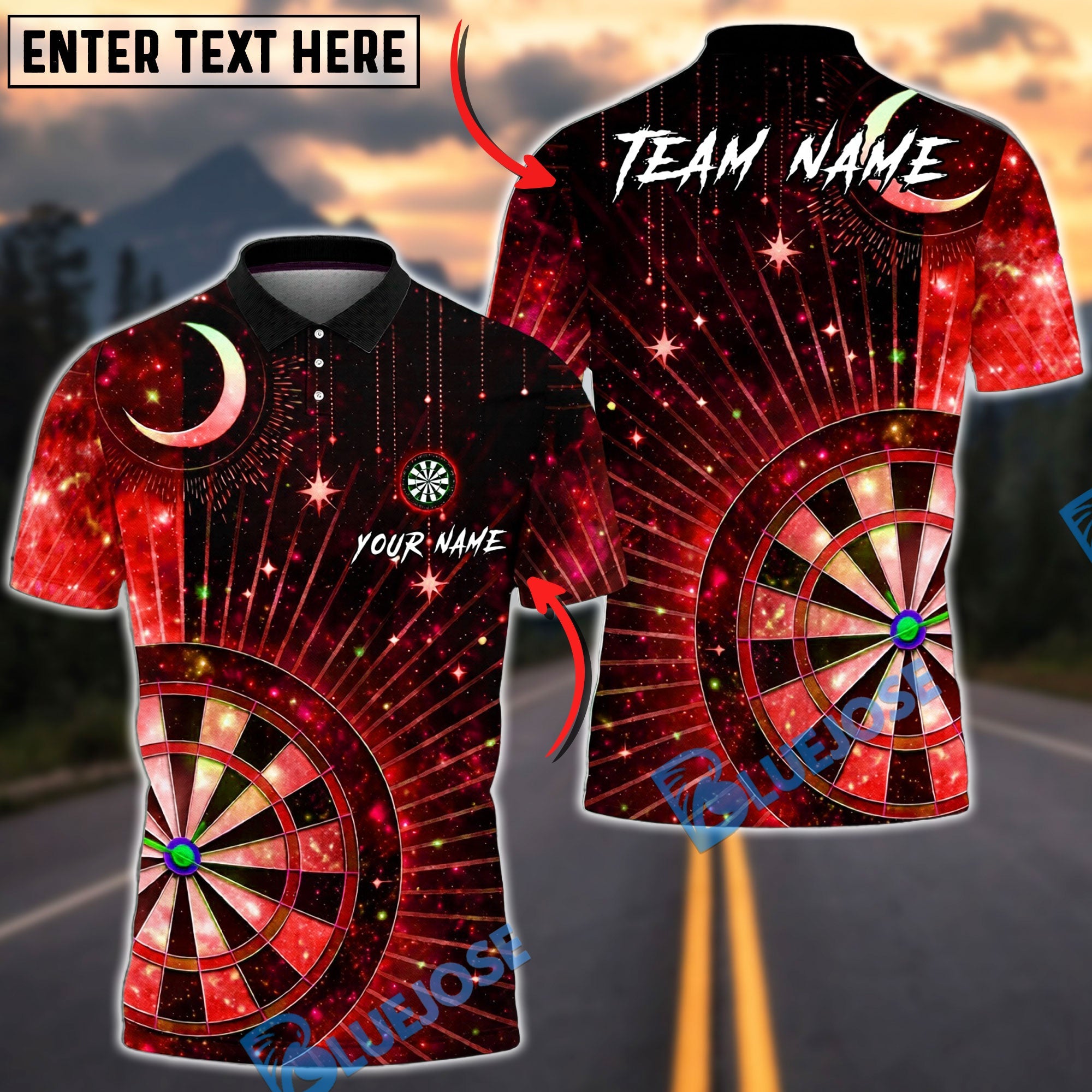 BlueJose Darts Cool Passionate Cosmic Moon Galaxy Starry Sky Dartboard Target Personalized Name, Team Name Unisex Shirt (4 Colors)