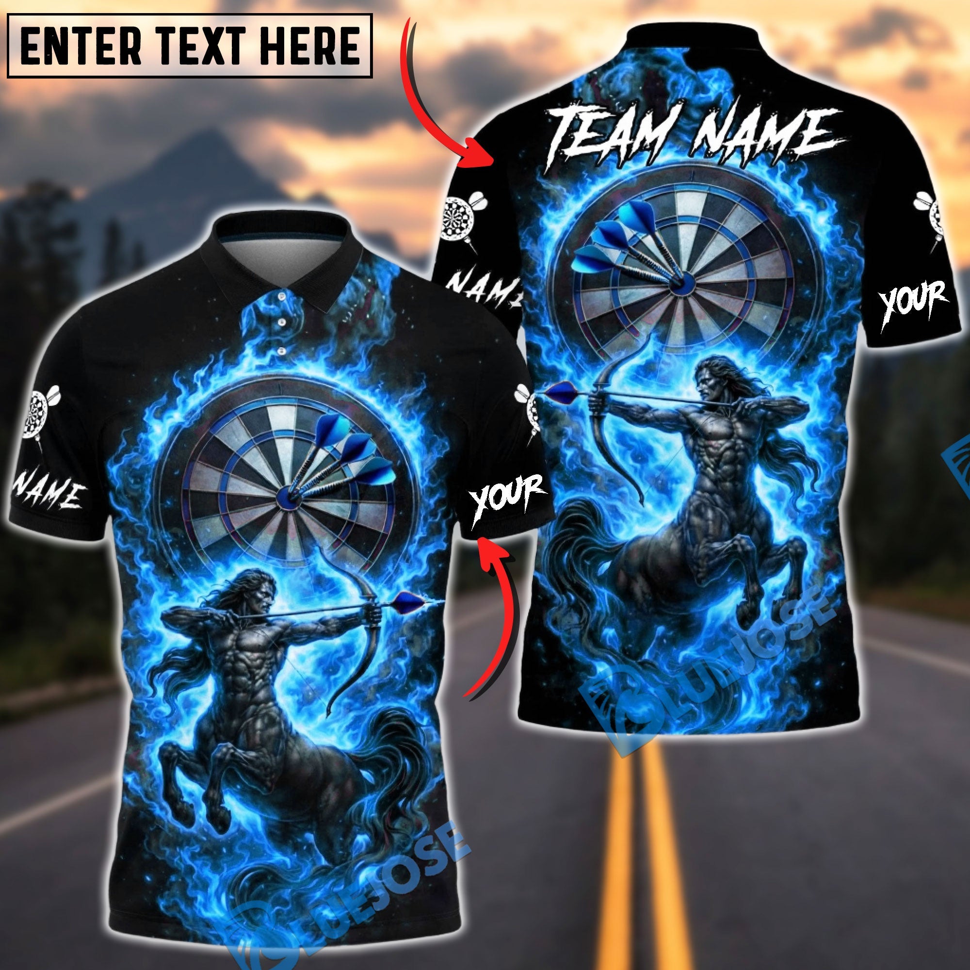 BlueJose Darts Flaming Sagittarius Centaur Archer Zodiac Dartboard Target Personalized Name, Team Name Unisex Shirt (4 Colors)