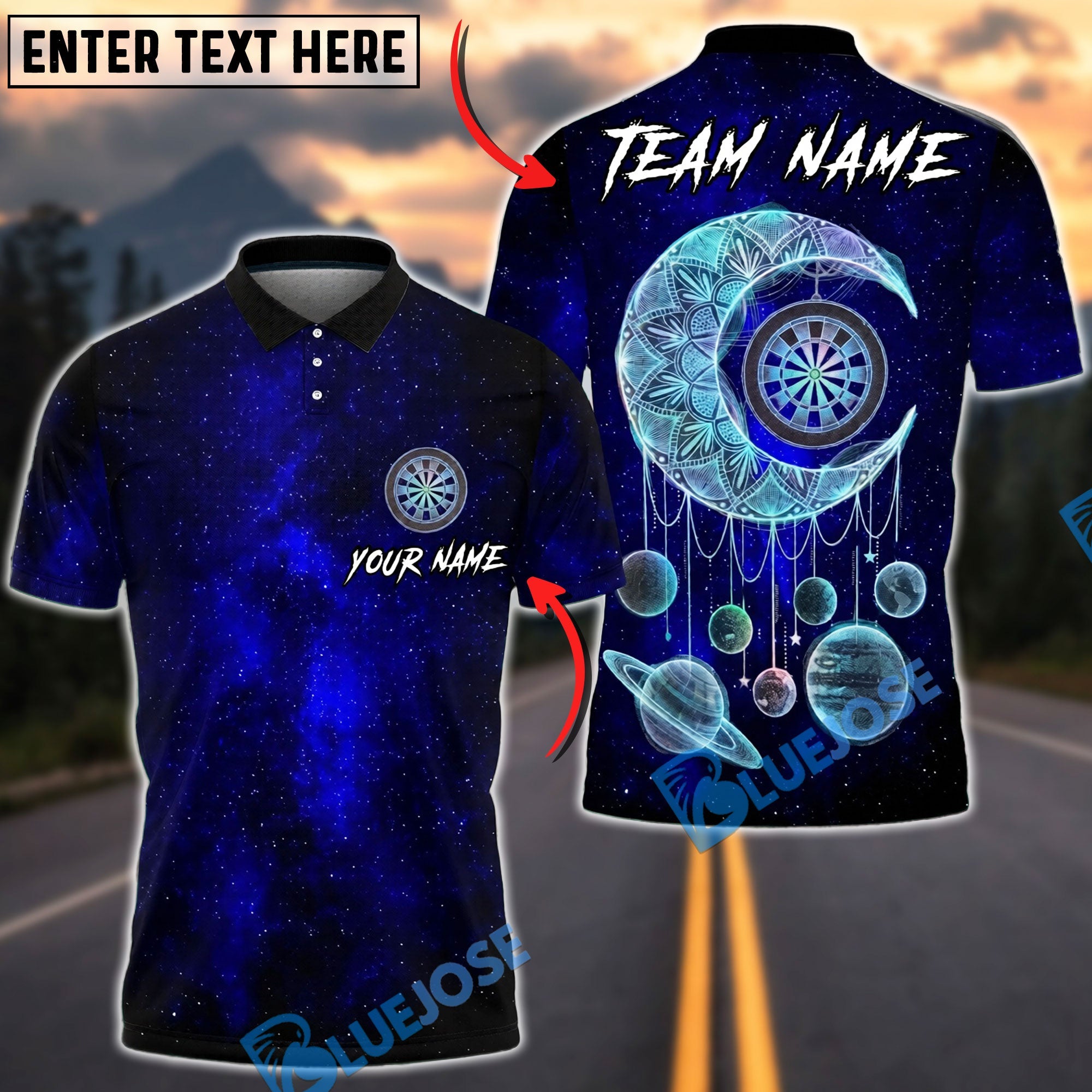 BlueJose Darts Dreamy Cosmic Moon Dreamcatcher Target Personalized Name, Team Name Unisex Shirt (4 Colors)