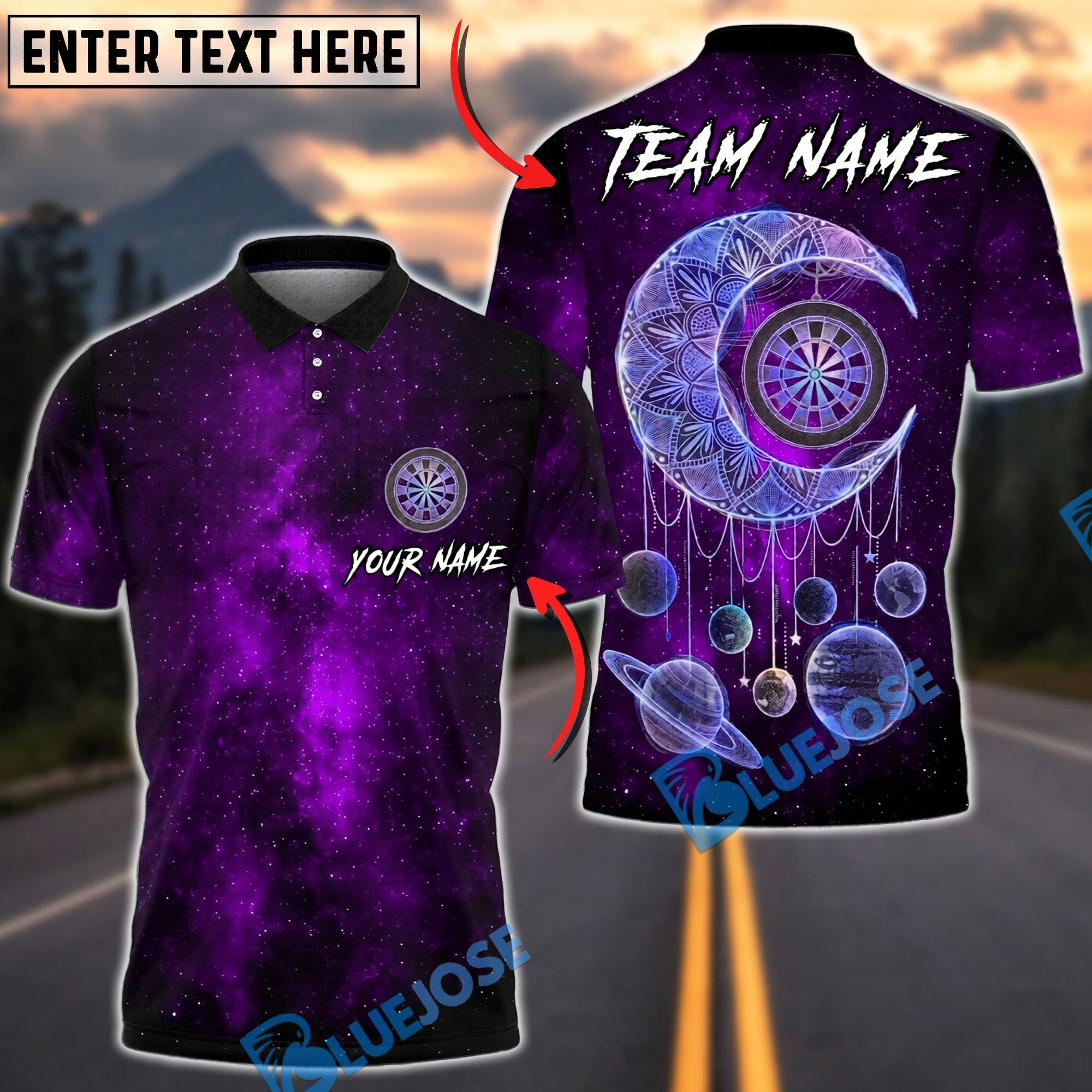 BlueJose Darts Dreamy Cosmic Moon Dreamcatcher Target Personalized Name, Team Name Unisex Shirt (4 Colors)