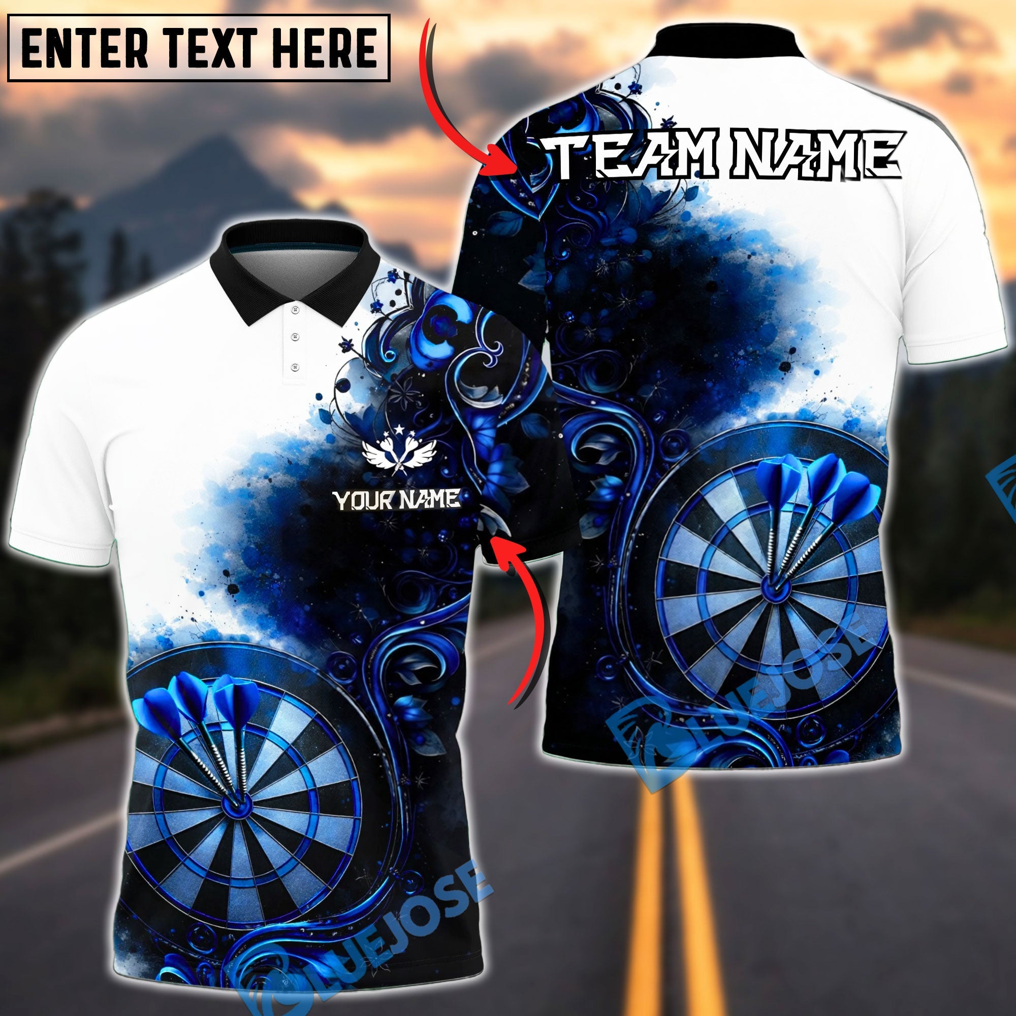 BlueJose Darts Elegant Floral Artistic Target Personalized Name, Team Name Unisex Shirt (4 Colors)