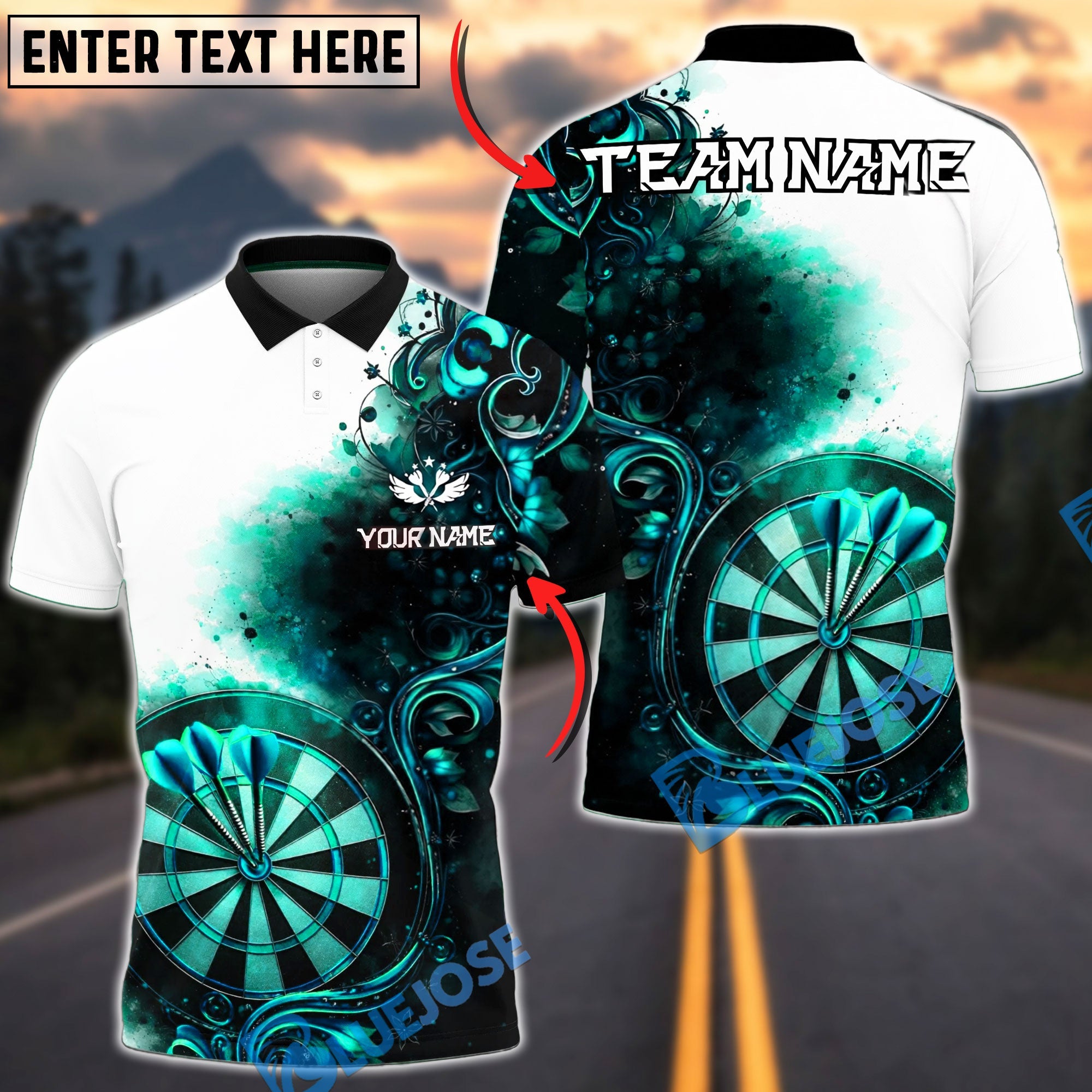 BlueJose Darts Elegant Floral Artistic Target Personalized Name, Team Name Unisex Shirt (4 Colors)