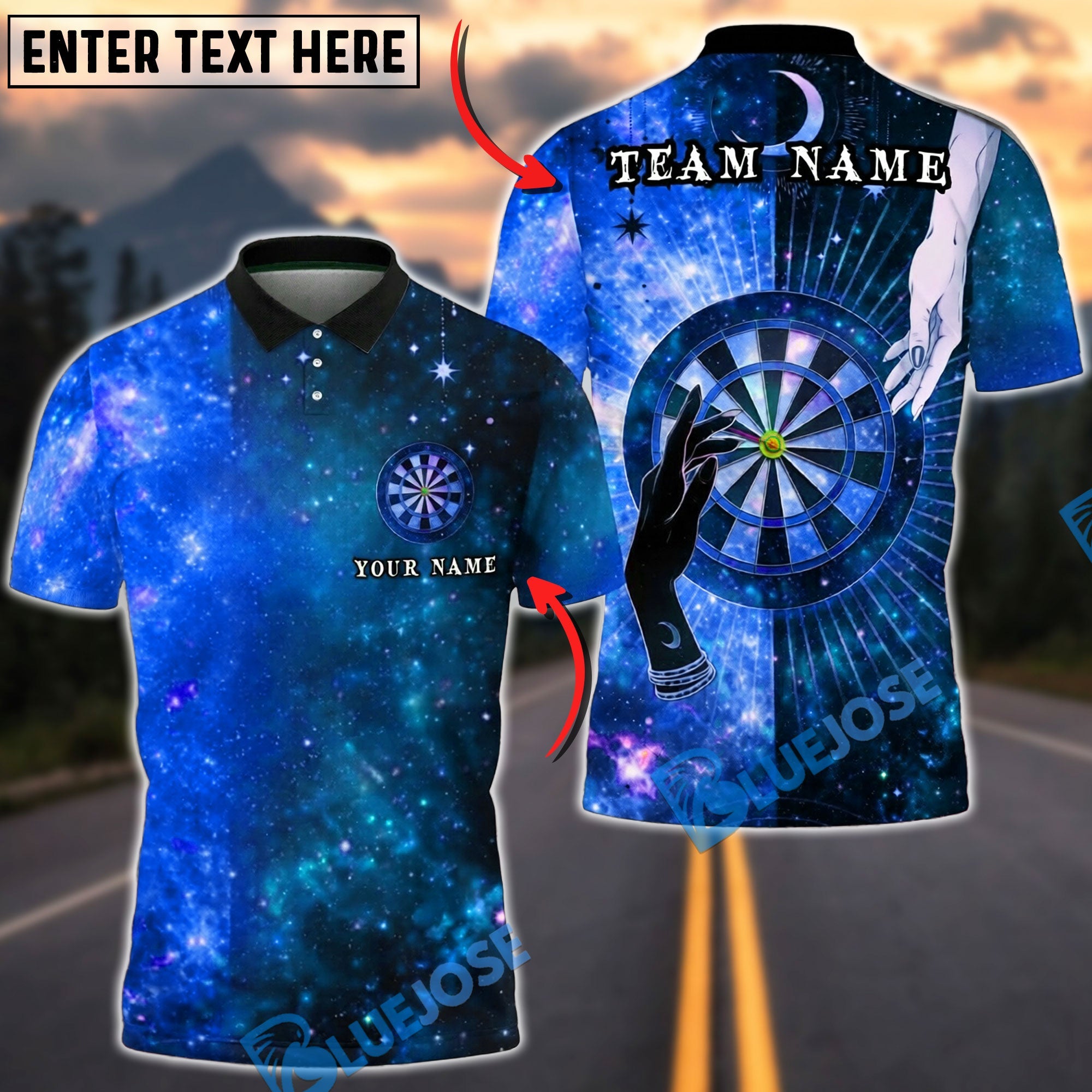 BlueJose Darts Mystic Galaxy Magic Hand Target Personalized Name, Team Name Unisex Shirt (4 Colors)