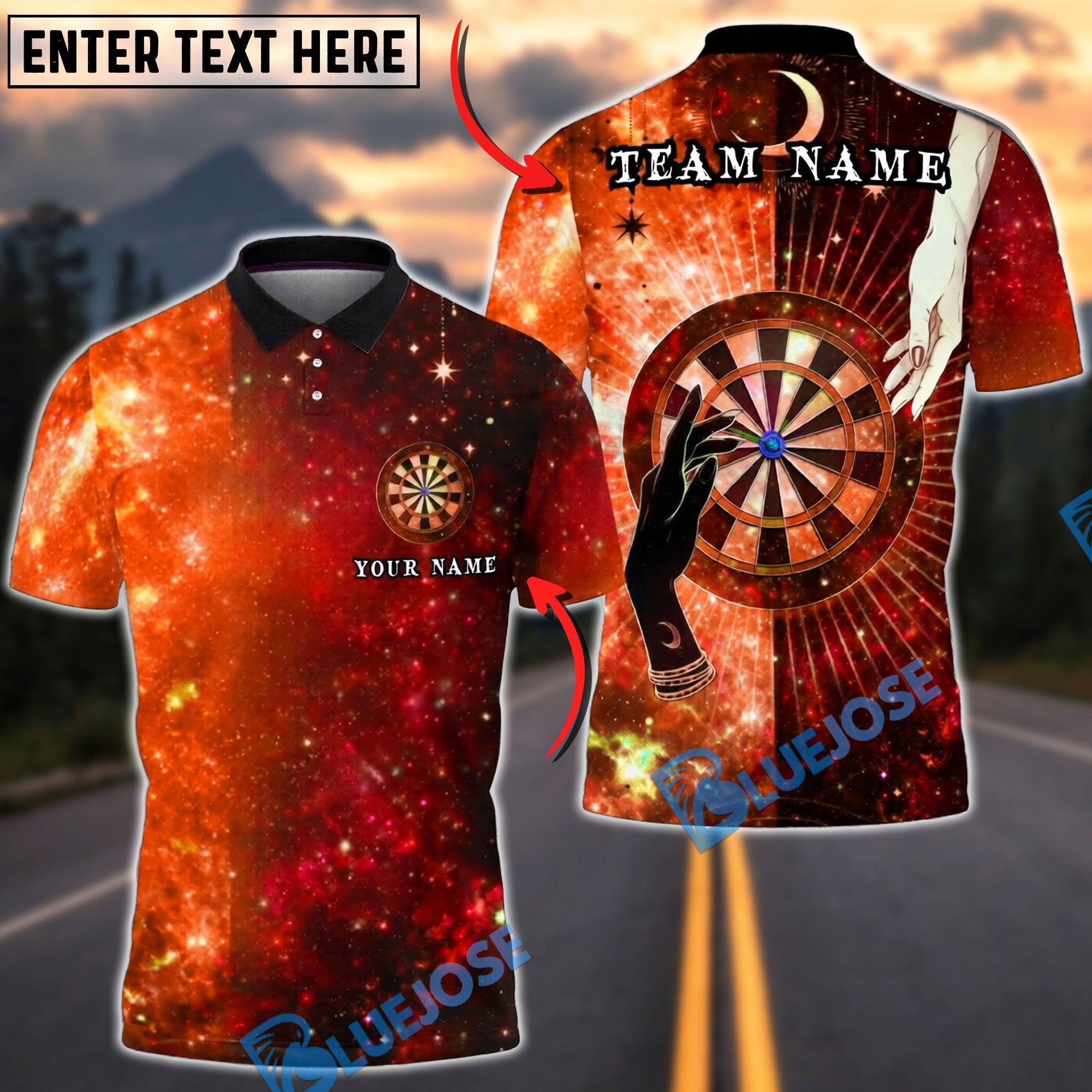 BlueJose Darts Mystic Galaxy Magic Hand Target Personalized Name, Team Name Unisex Shirt (4 Colors)