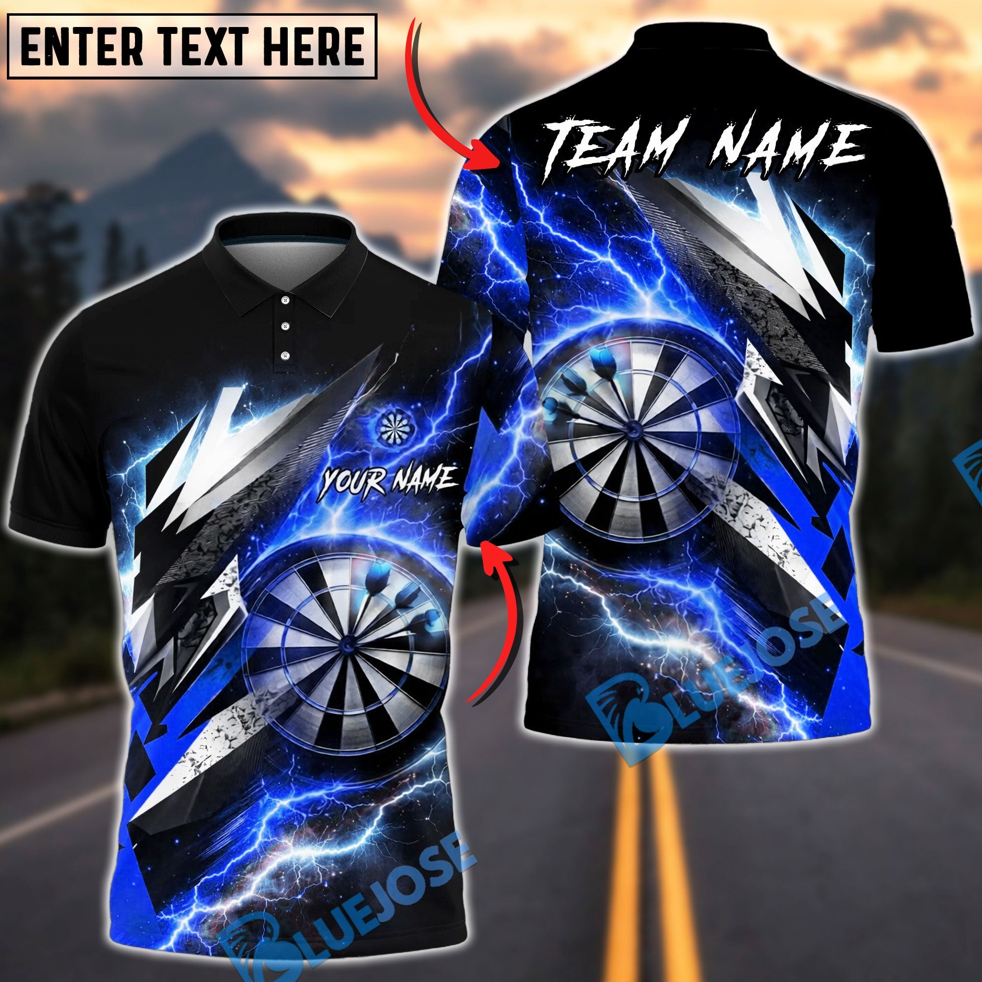BlueJose Darts Epic Lightning Thunder Energy Strike Personalized Name, Team Name Unisex Shirt (6 Colors)