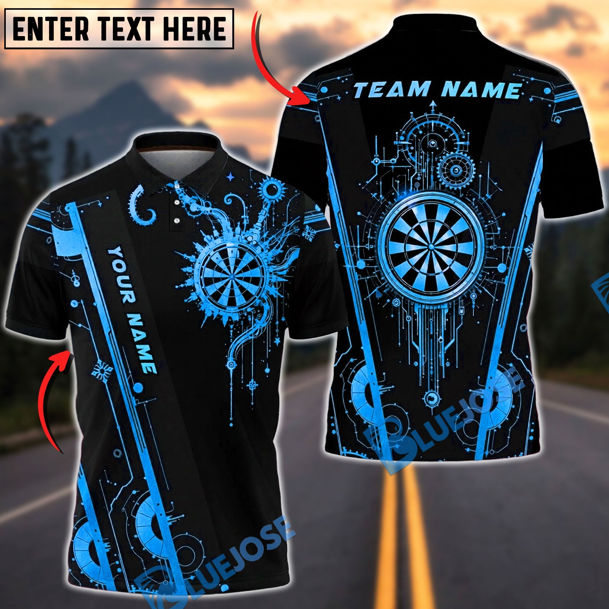 BlueJose Darts Futuristic Tech Circuit Neon Target Cool Gamer Style Personalized Name, Team Name Unisex Shirt (6 Colors)