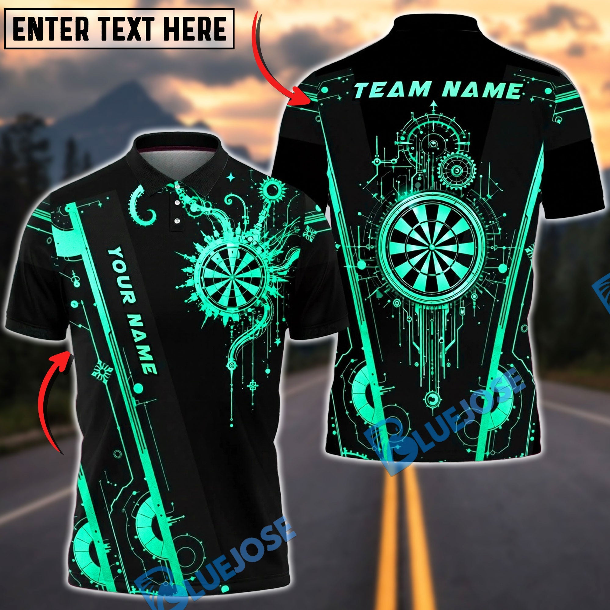 BlueJose Darts Futuristic Tech Circuit Neon Target Cool Gamer Style Personalized Name, Team Name Unisex Shirt (6 Colors)