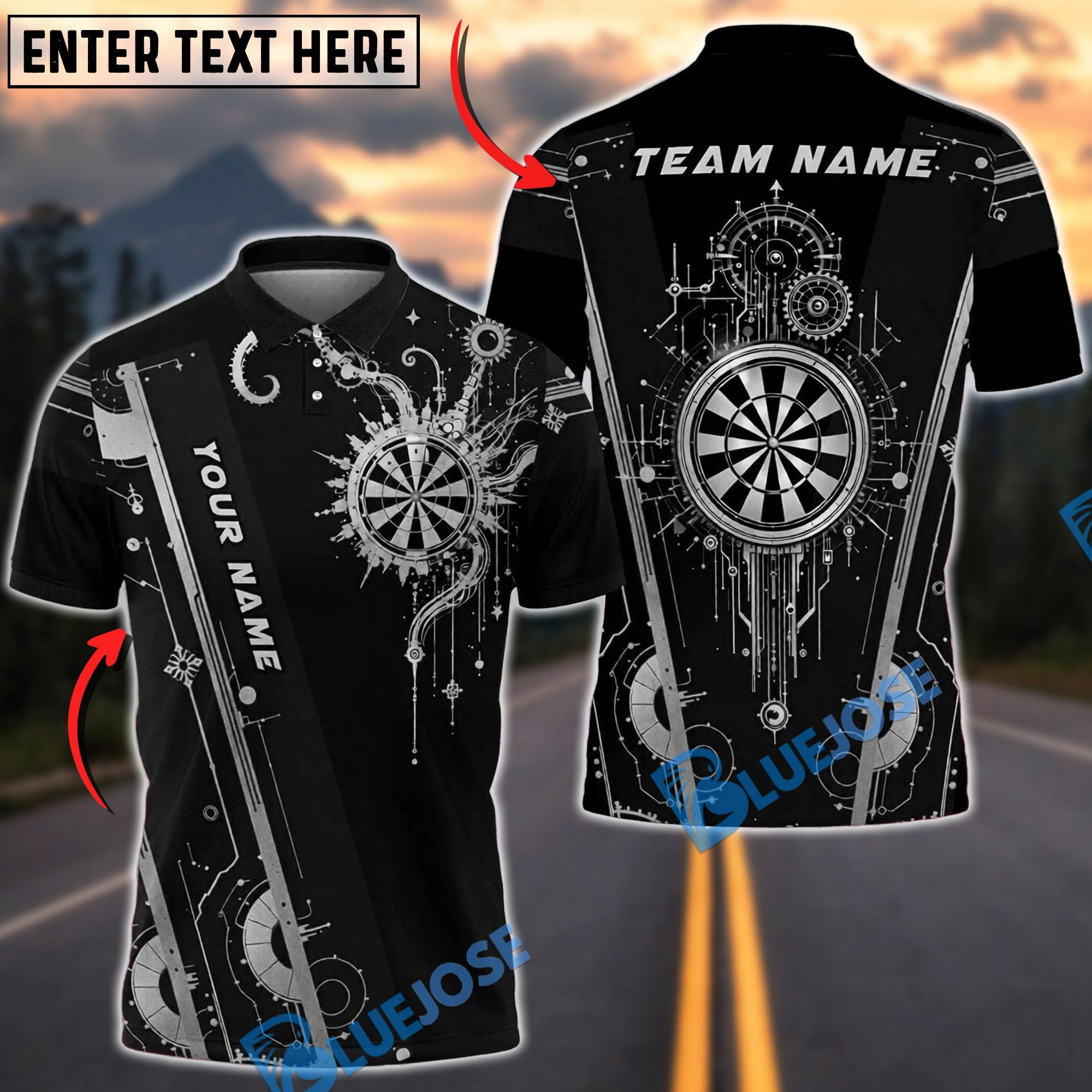 BlueJose Darts Futuristic Tech Circuit Neon Target Cool Gamer Style Personalized Name, Team Name Unisex Shirt (6 Colors)